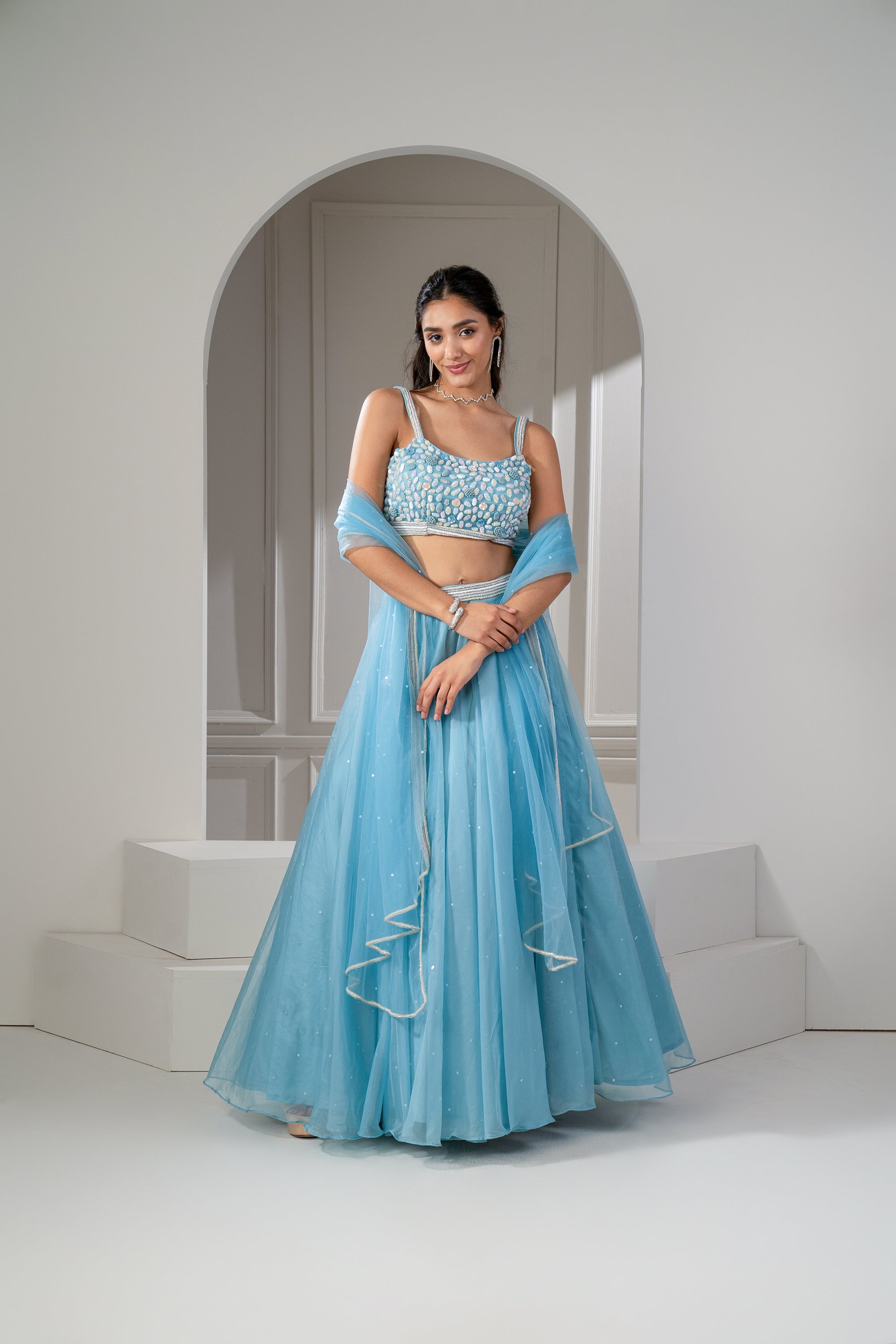 Frost Blue Organza Sequinned Lehenga Set. - Auraya Fashion - Riyaasat - #tag1# - #tag2# - #tag3# - #tag3#