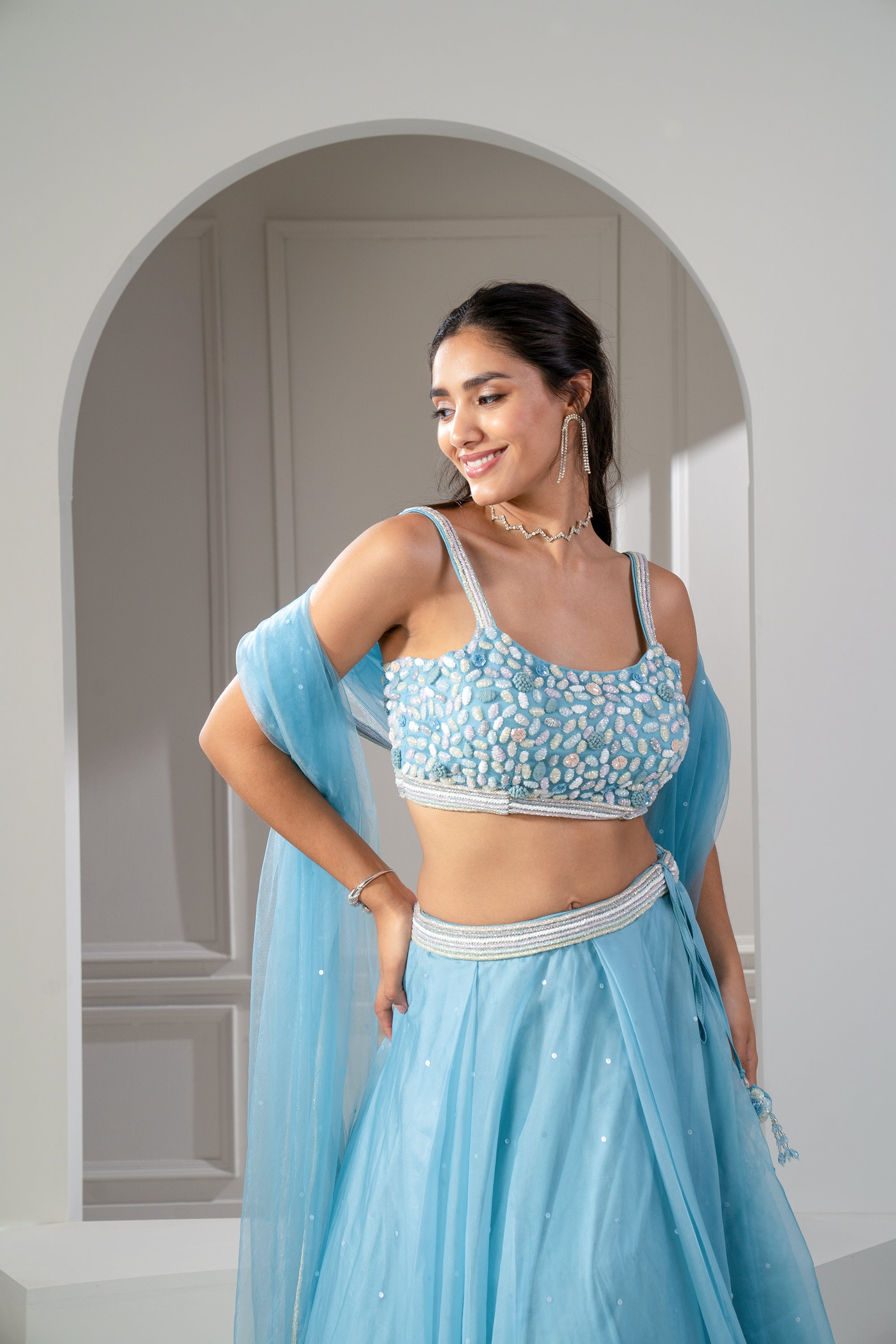 Frost Blue Organza Sequinned Lehenga Set. - Auraya Fashion -  - #tag1# - #tag2# - #tag3# - #tag3#