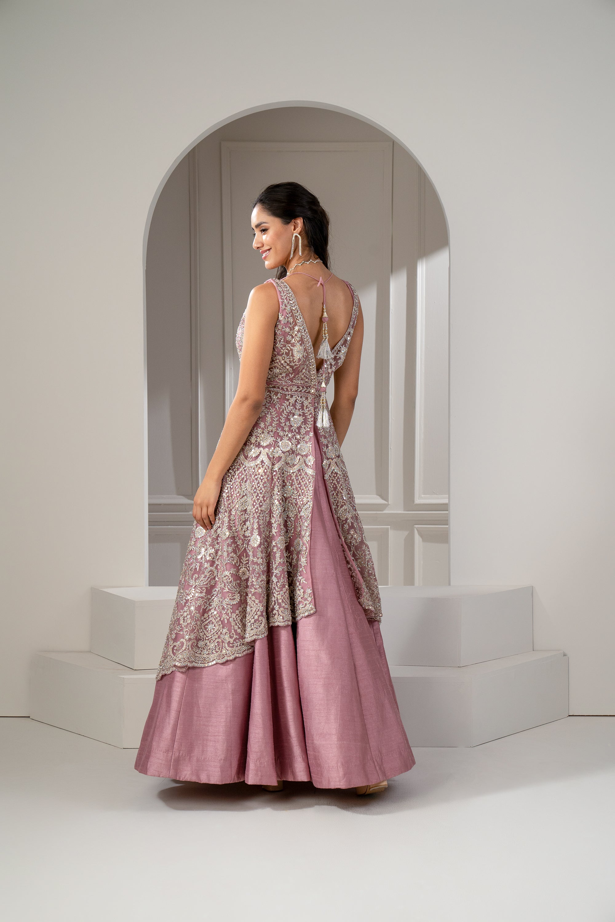 Light Plum Raw Silk And Organza Net Lehenga Set With Stone Embellishments