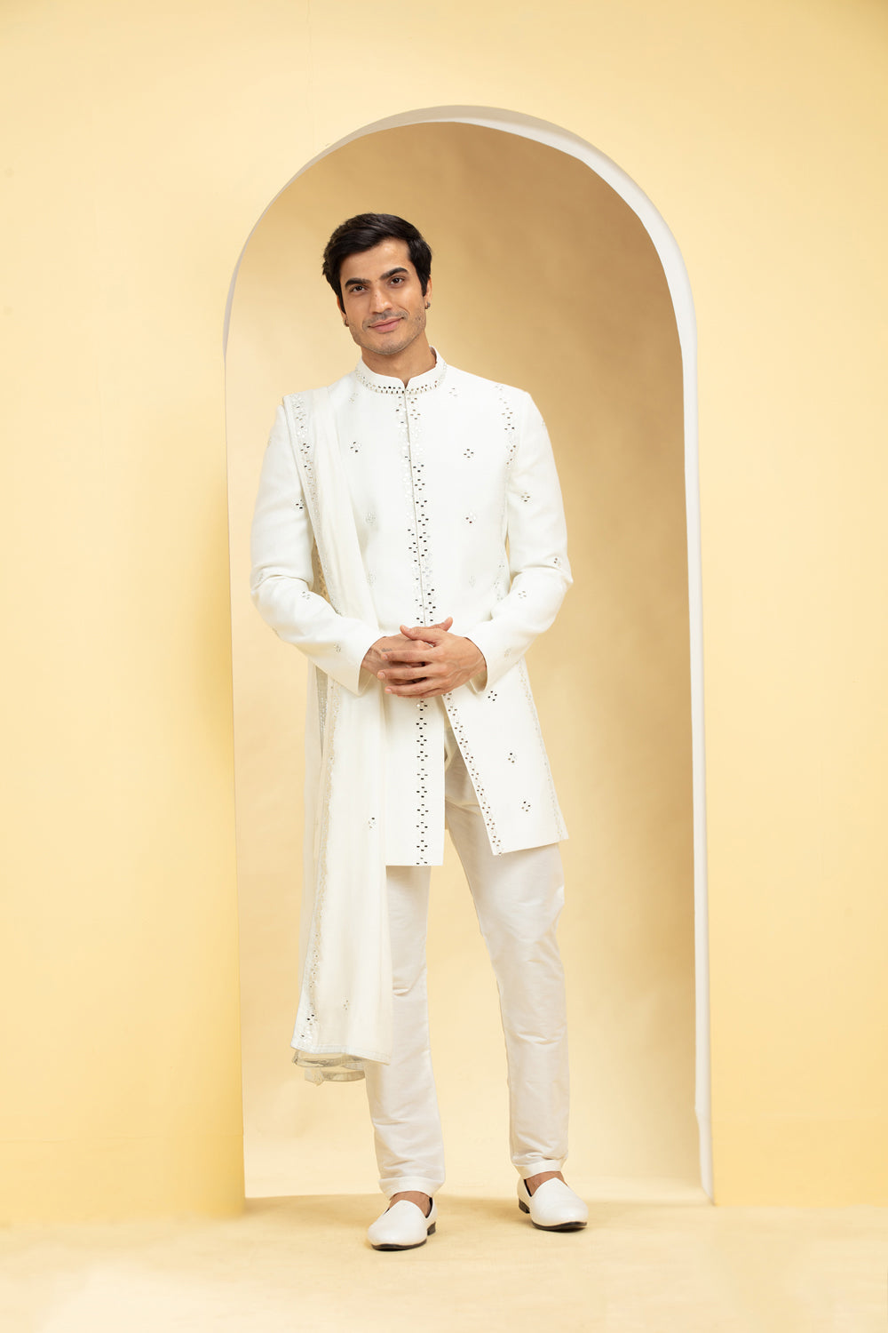 Ivory White Indo Western Sherwani Set With Dupatta - Auraya Fashion - Riyaasat Men - #tag1# - #tag2# - #tag3# - #tag3#