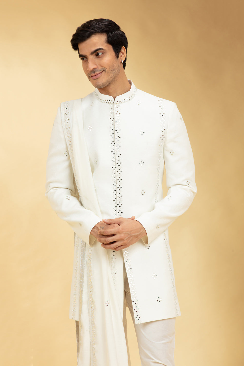 Ivory White Indo Western Sherwani Set With Dupatta - Auraya Fashion -  - #tag1# - #tag2# - #tag3# - #tag3#