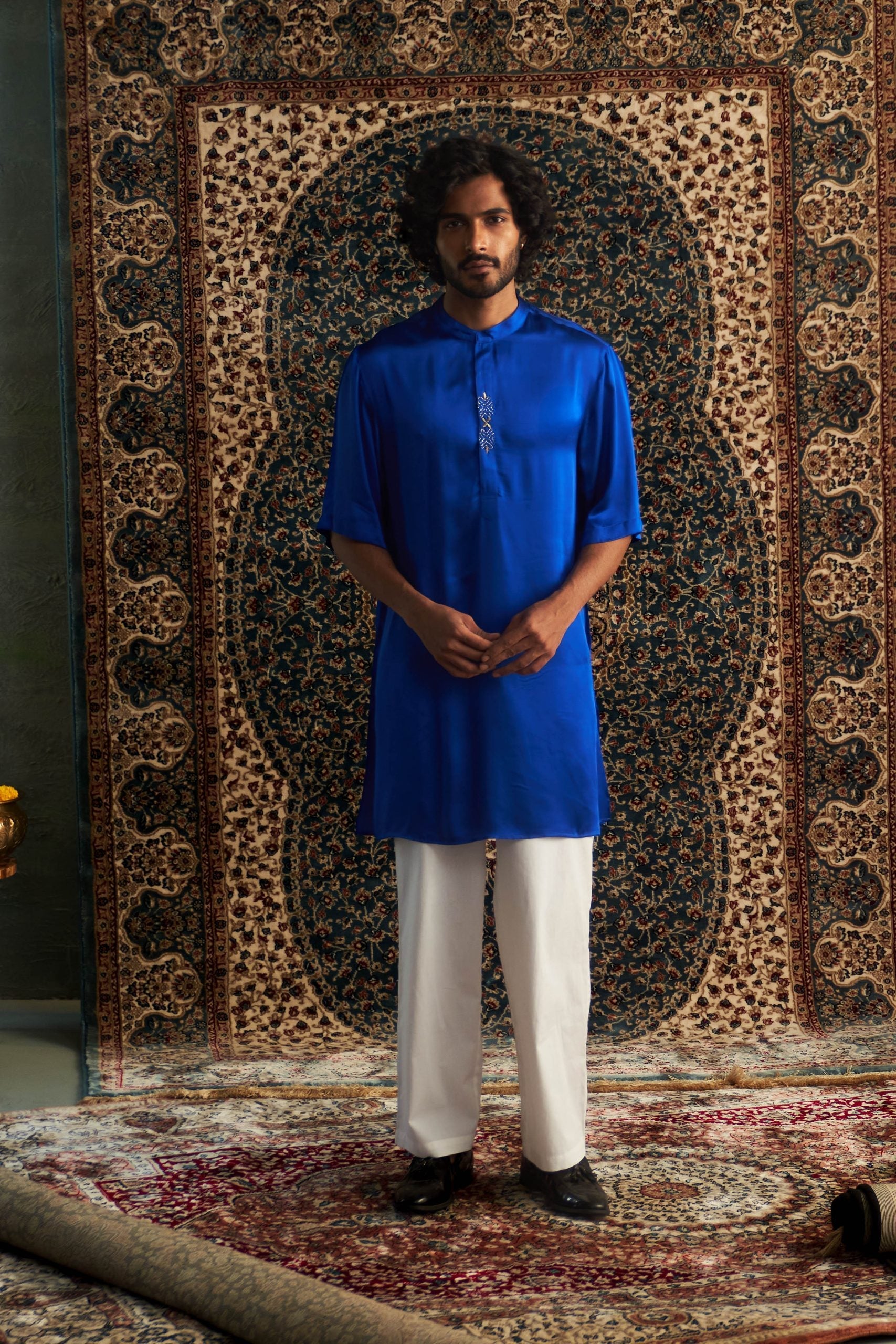 Prarambh Embroidered short sleeve kurta set for men