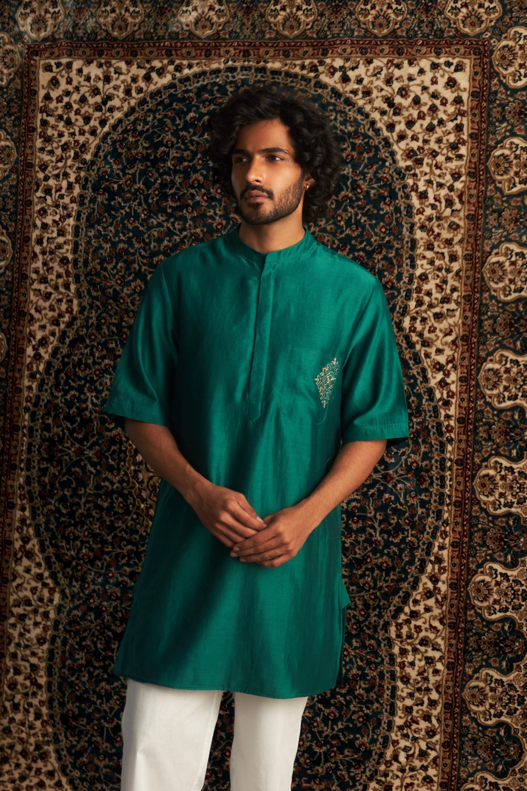 Prarambh Embroidered short sleeve kurta set for men