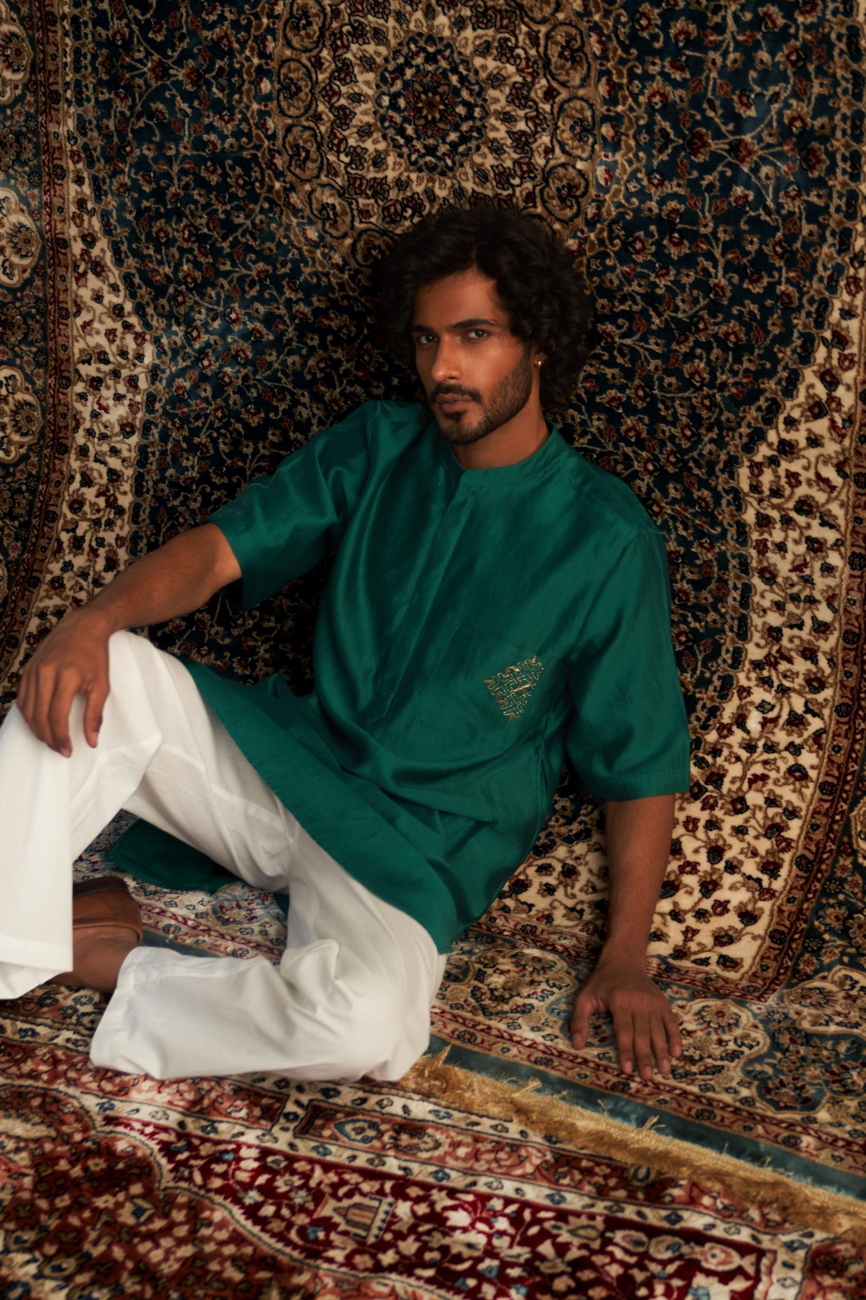 Prarambh Embroidered short sleeve kurta set for men