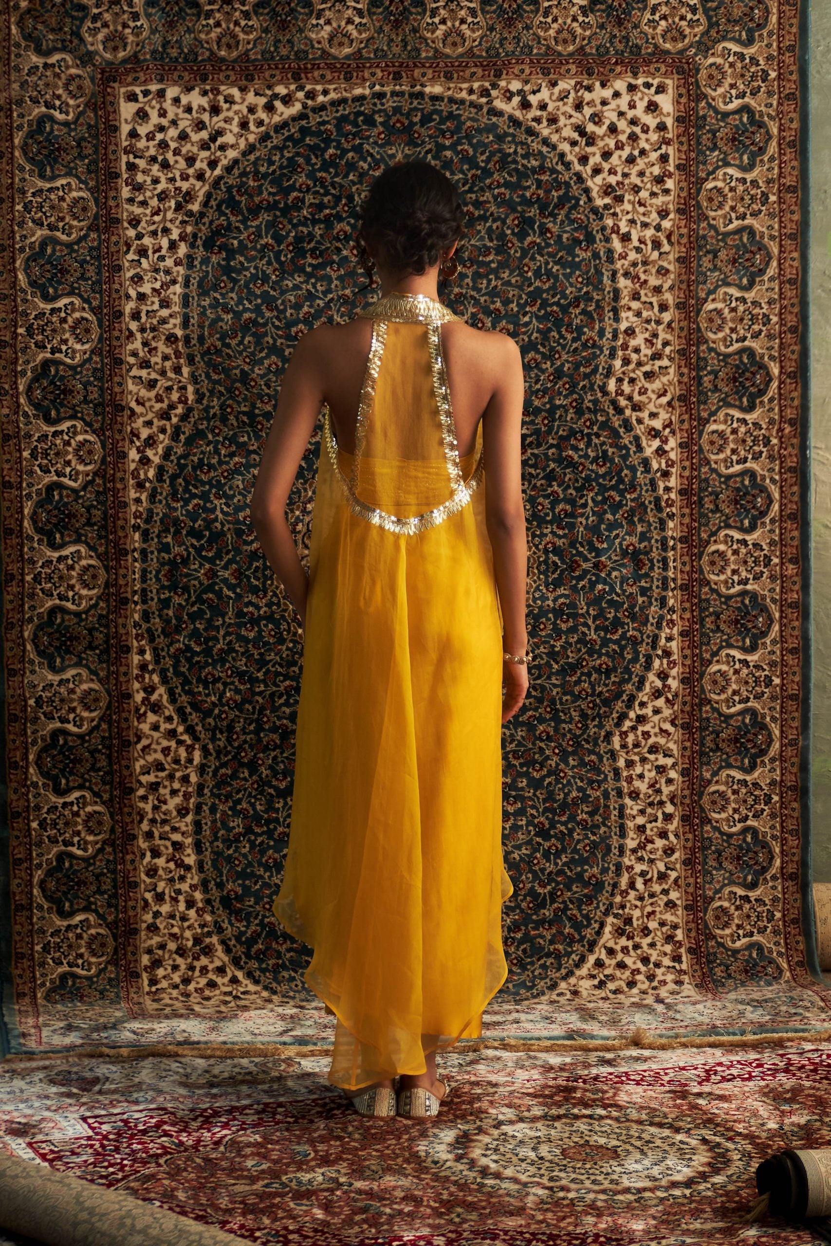 Marigold Embroidered jacket with Draped Skirt Set