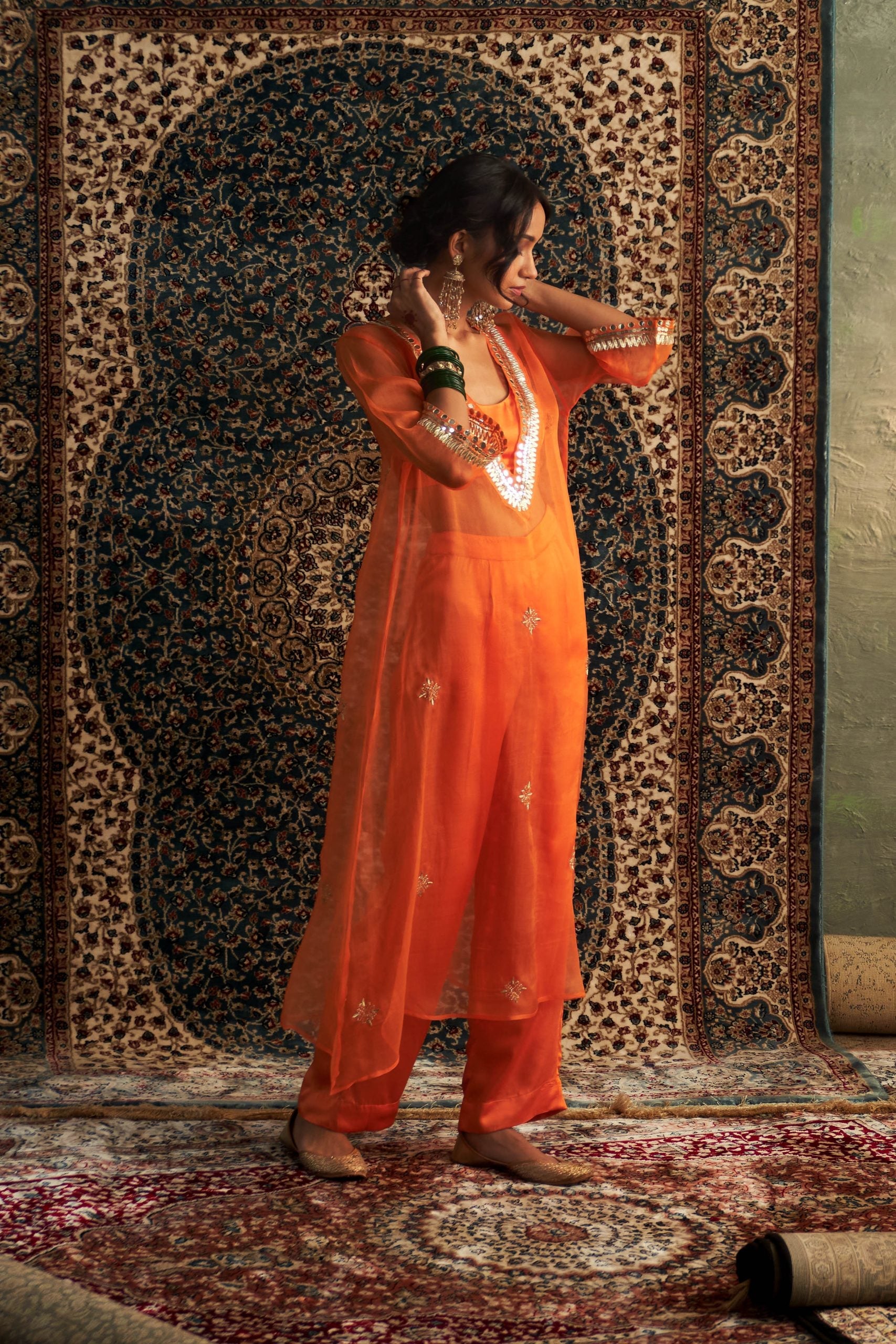 Saffron Embroidered V Neck Co-ord Set/ kurta set