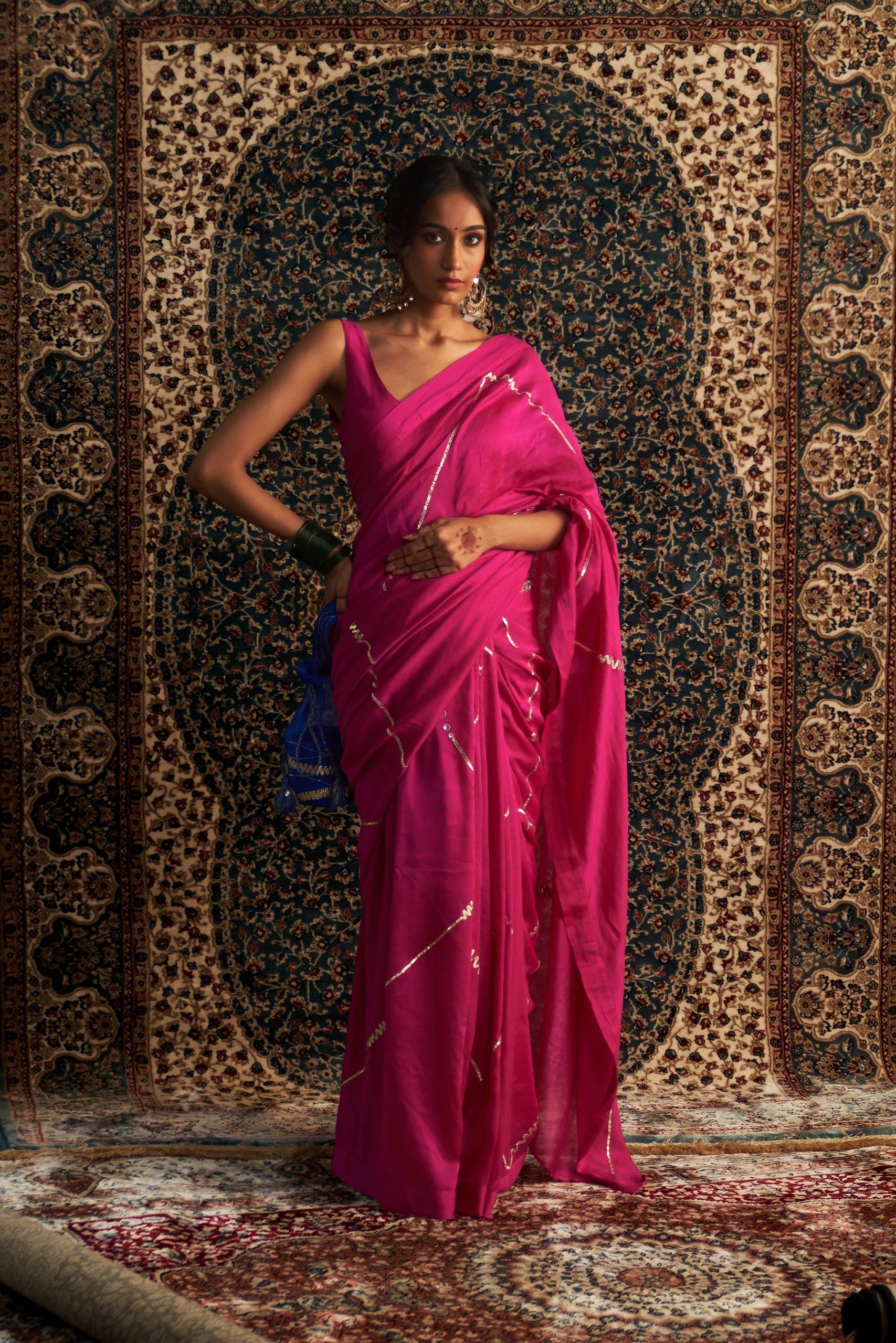 Prarambh Rani Pink Embroidered Chanderi saree with sleeveless blouse