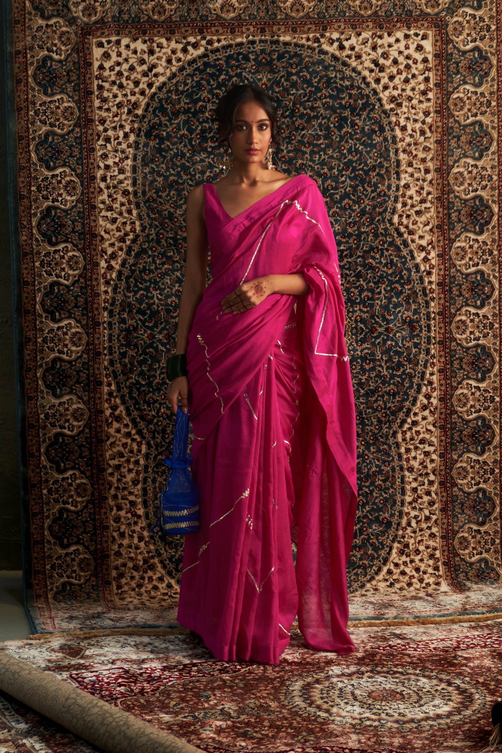 Prarambh Rani Pink Embroidered Chanderi saree with sleeveless blouse