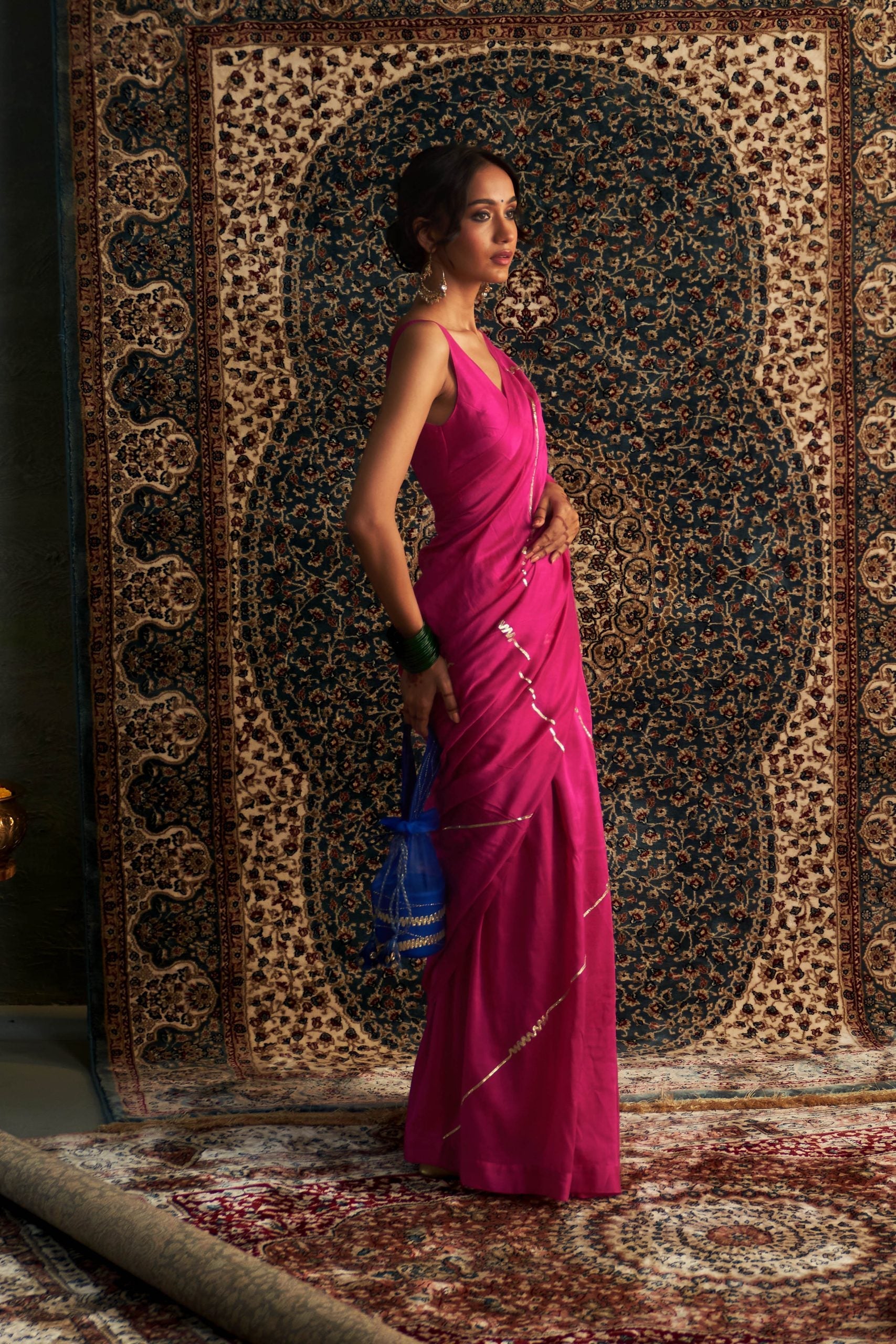 Prarambh Rani Pink Embroidered Chanderi saree with sleeveless blouse