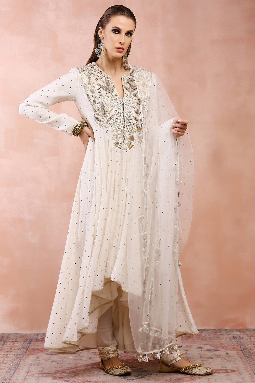 Off White Bagh Embroidered Anarkali With Churidar And Dupatta