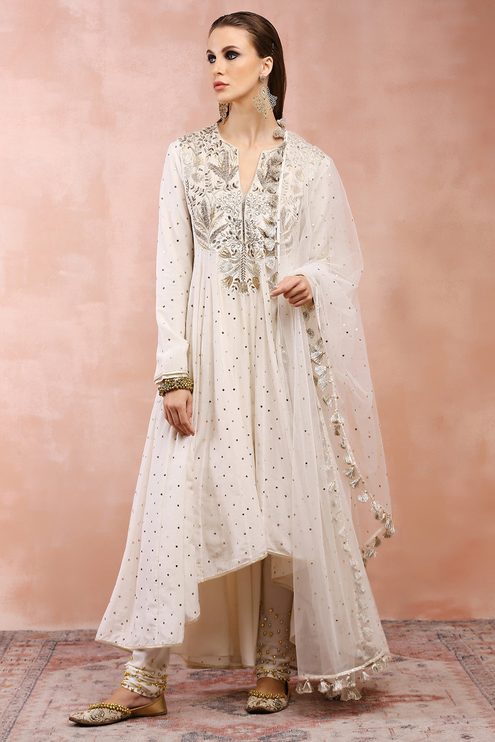 Off White Bagh Embroidered Anarkali With Churidar And Dupatta