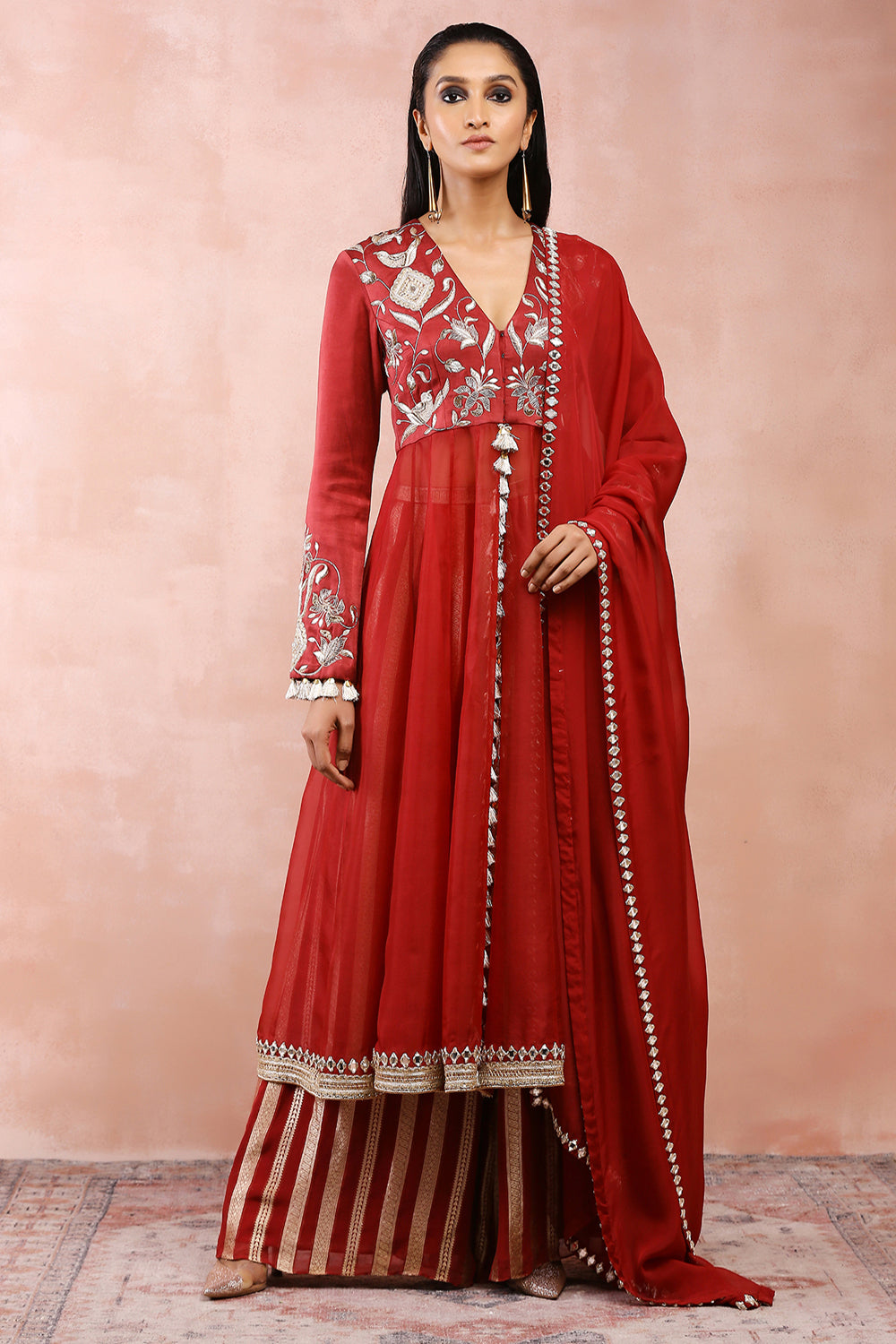 Maroon Embroidered Anarkali With Palazzo And Dupatta