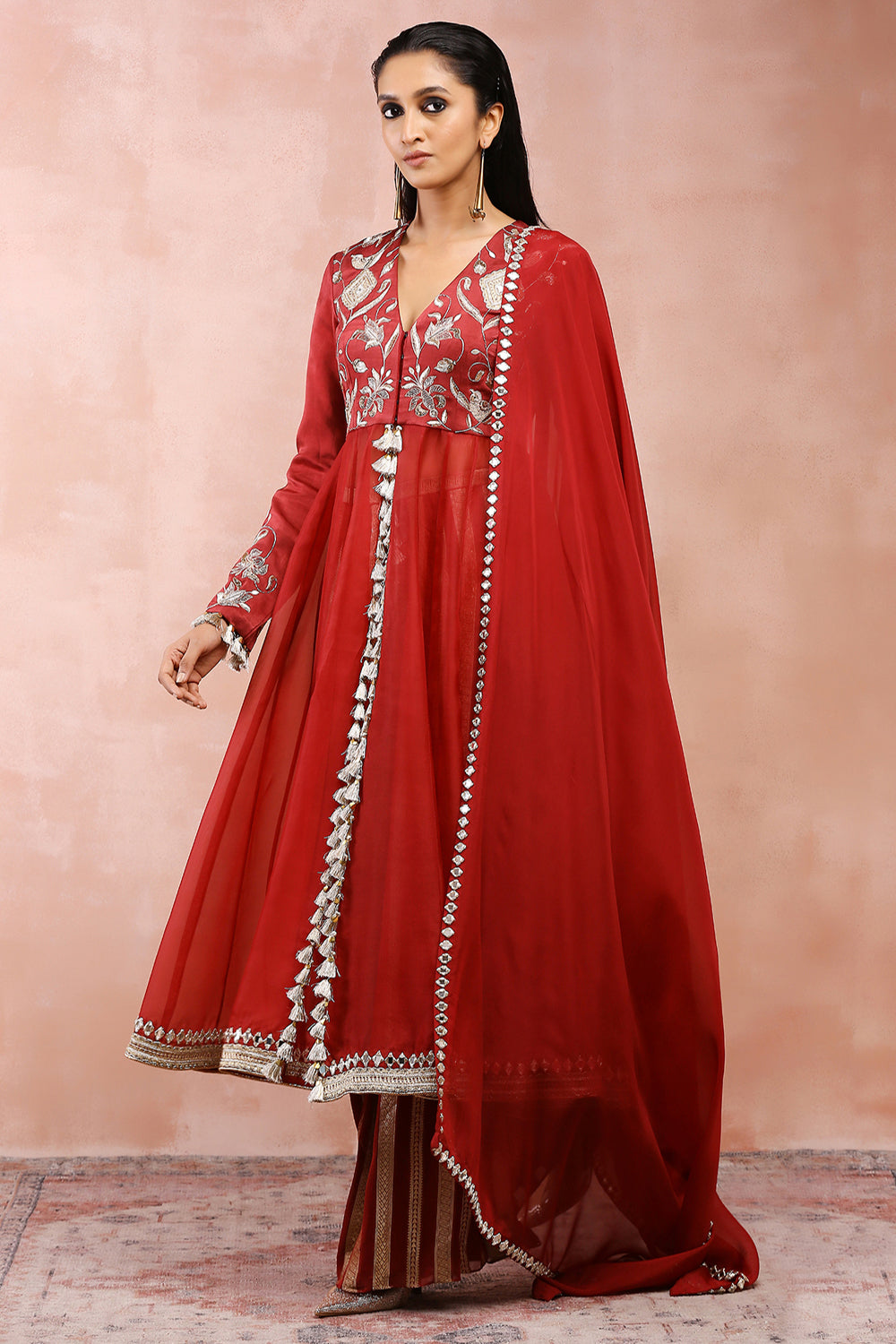 Maroon Embroidered Anarkali With Palazzo And Dupatta