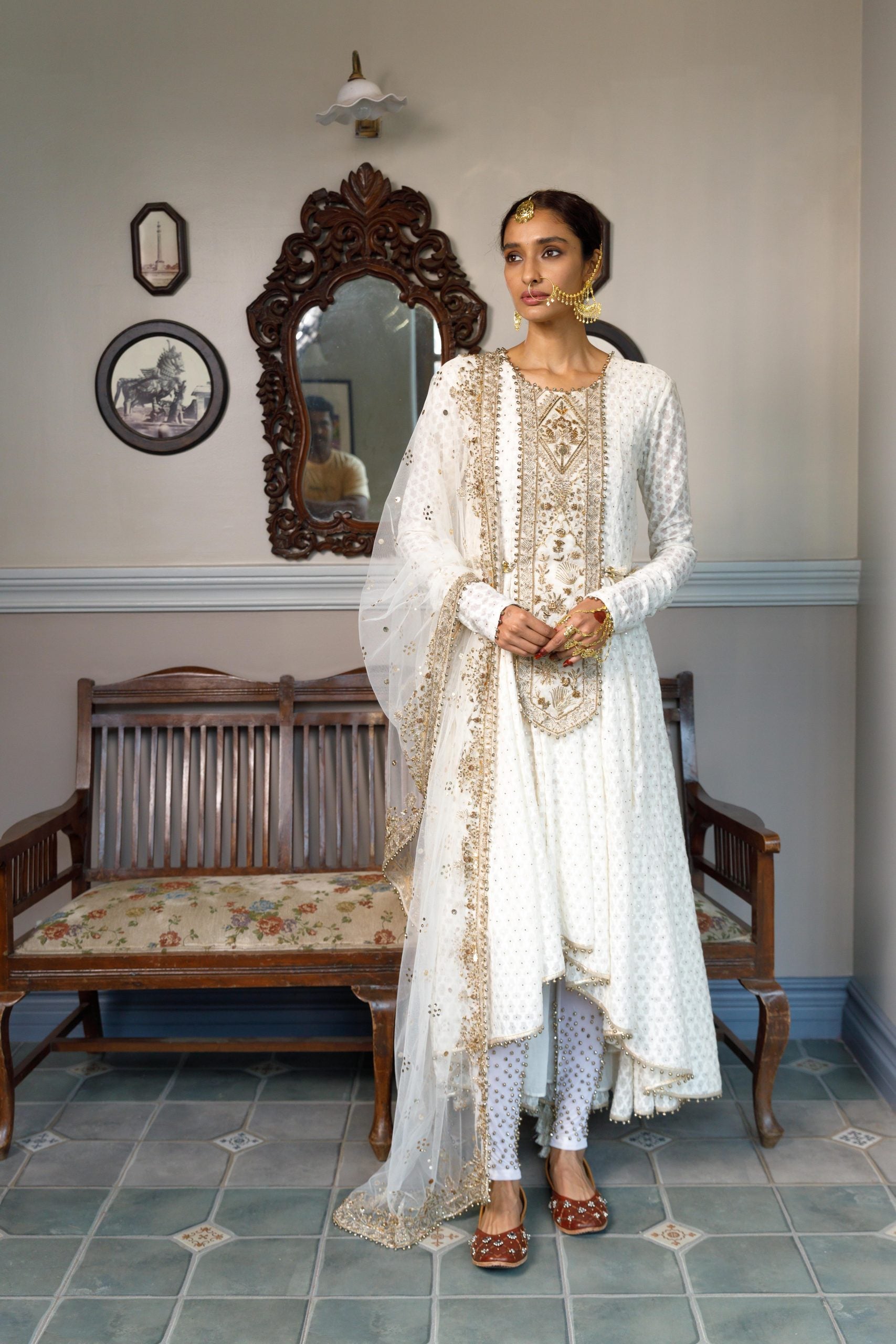 Nusrat Off White Embroidered Yoke Anarkali And Churidar With Dupatta