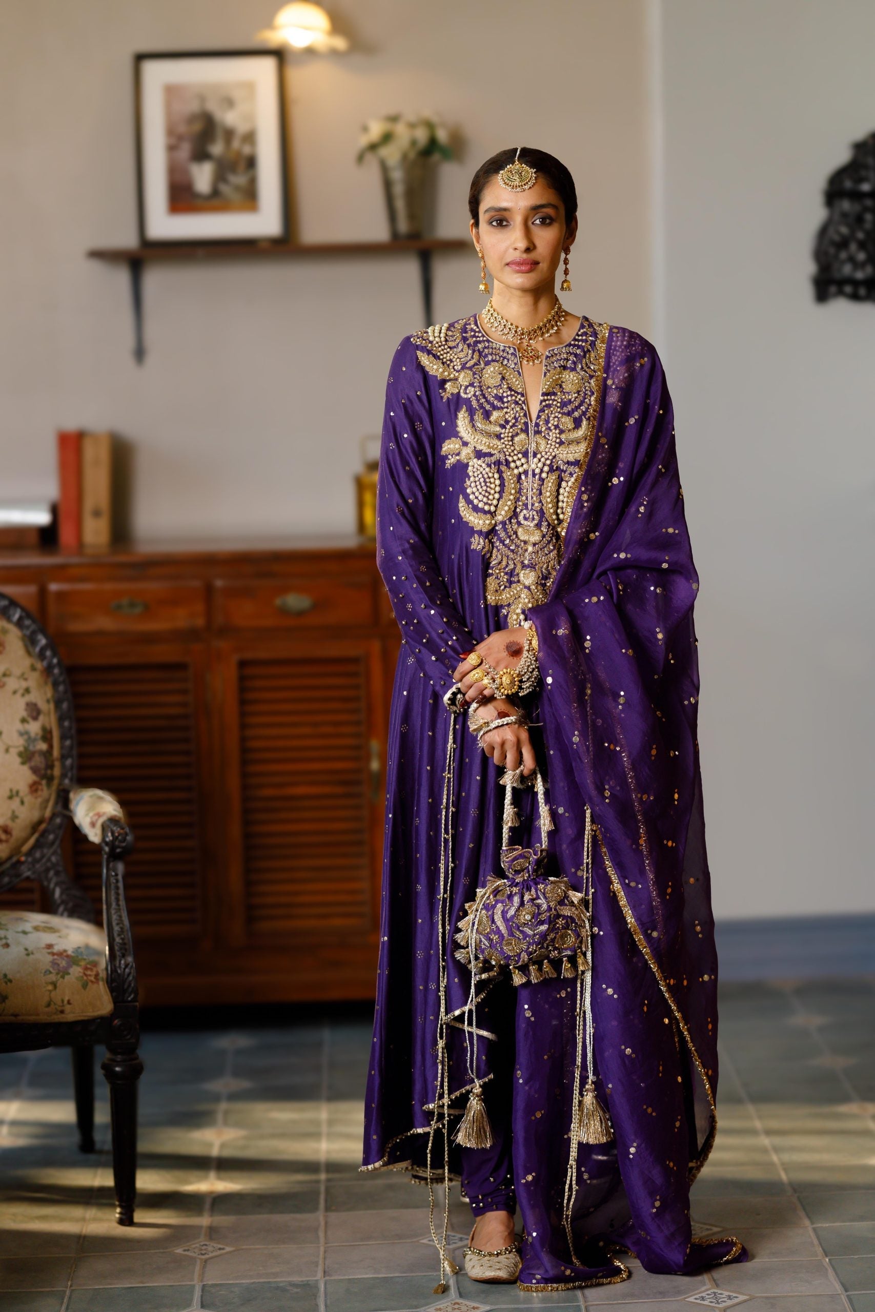 Zinat Purple Embroidered High Low Anarkali And Churidar With Dupatta