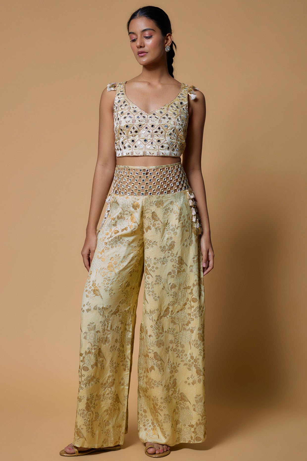 Pale Yellow Embroidered Choli With Palazzo