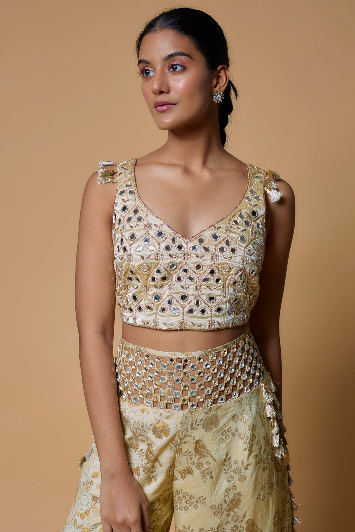 Pale Yellow Embroidered Choli With Palazzo