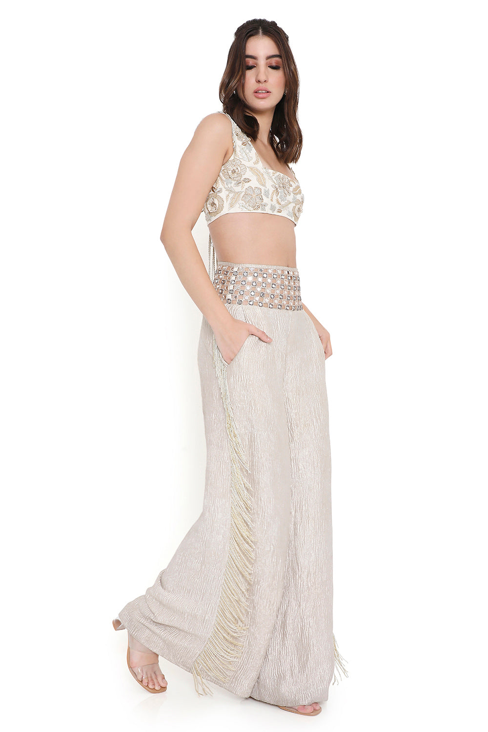 Off White Embroidered Choli And Pant With Mirror Belt