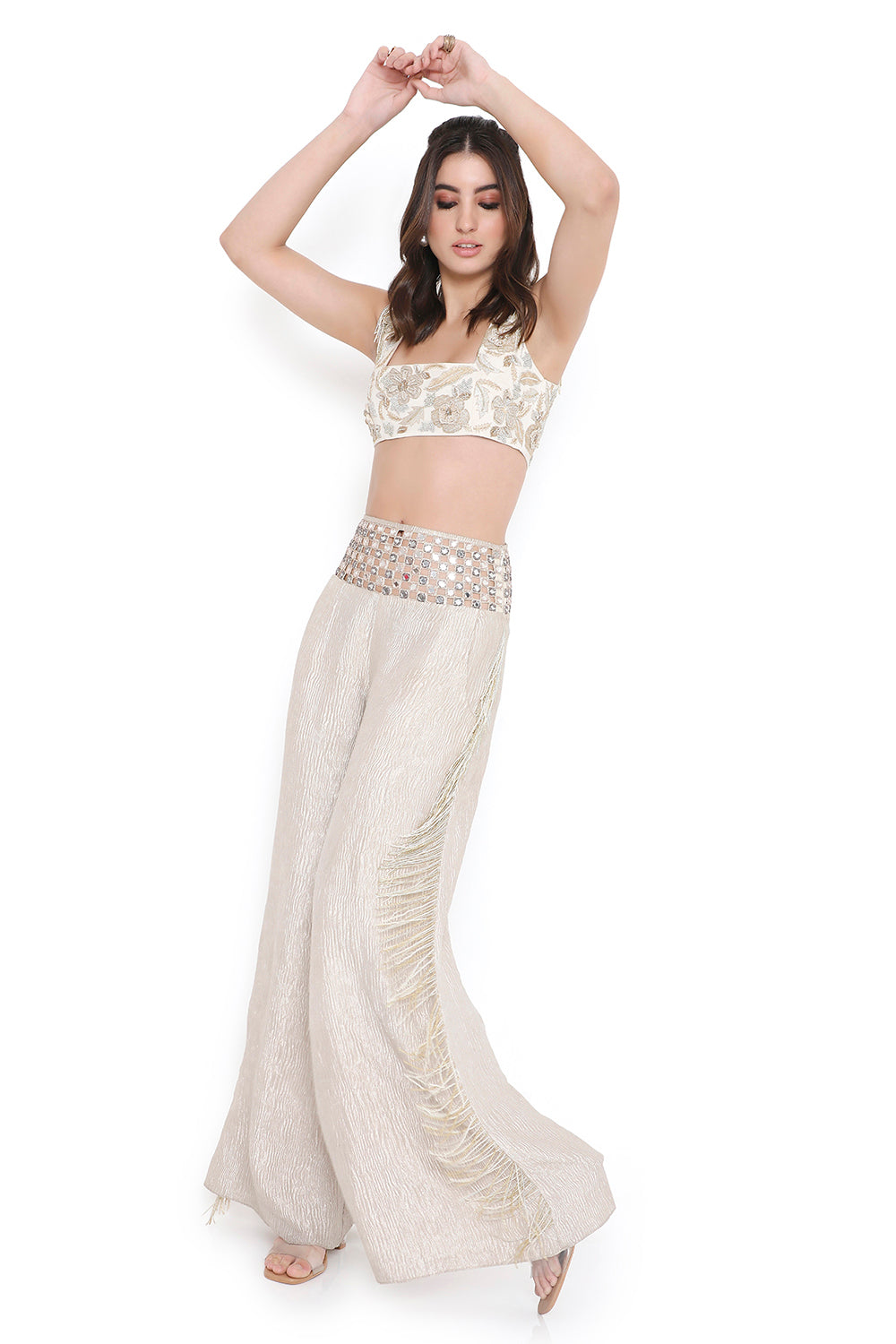 Off White Embroidered Choli And Pant With Mirror Belt