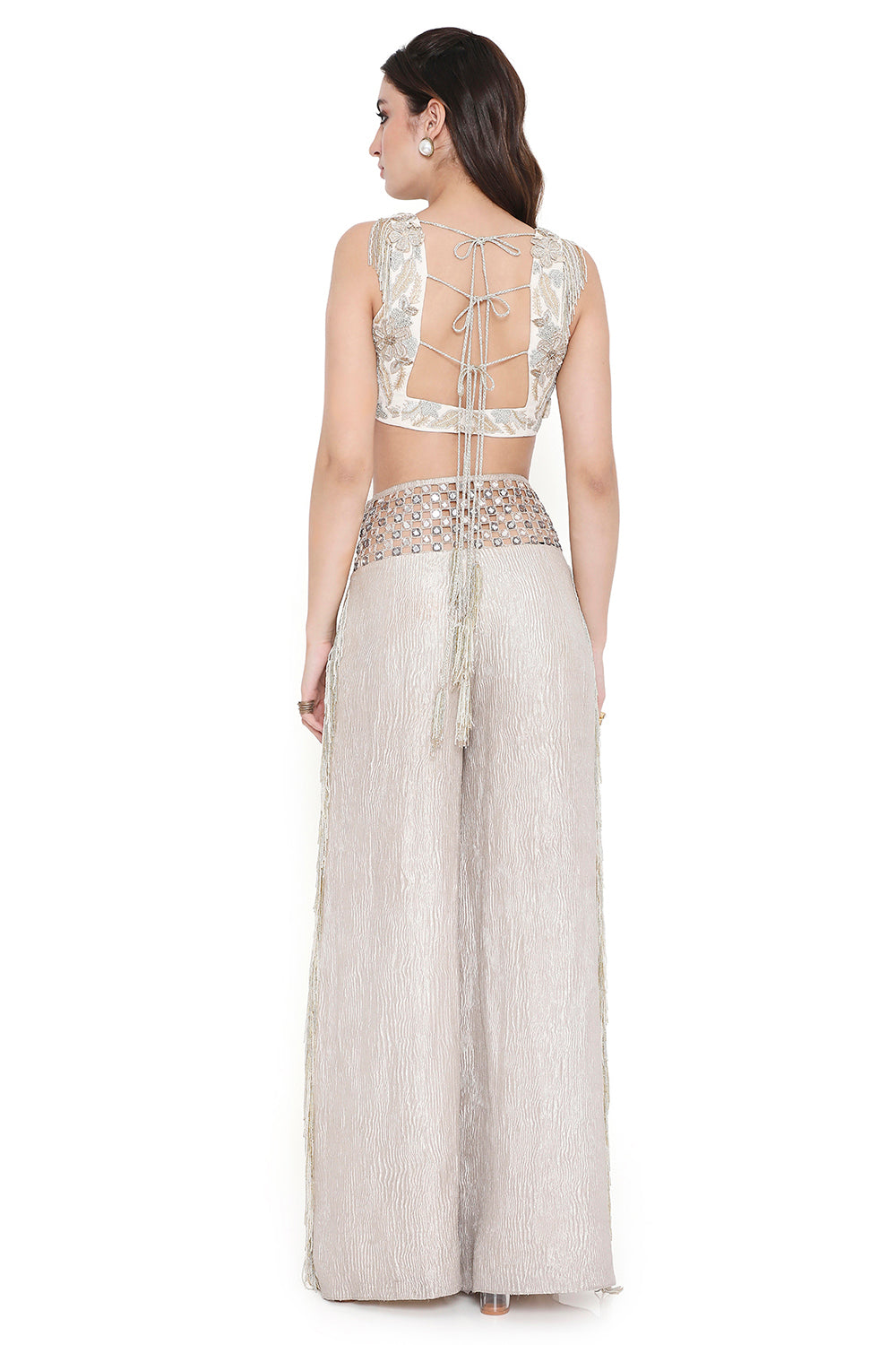 Off White Embroidered Choli And Pant With Mirror Belt