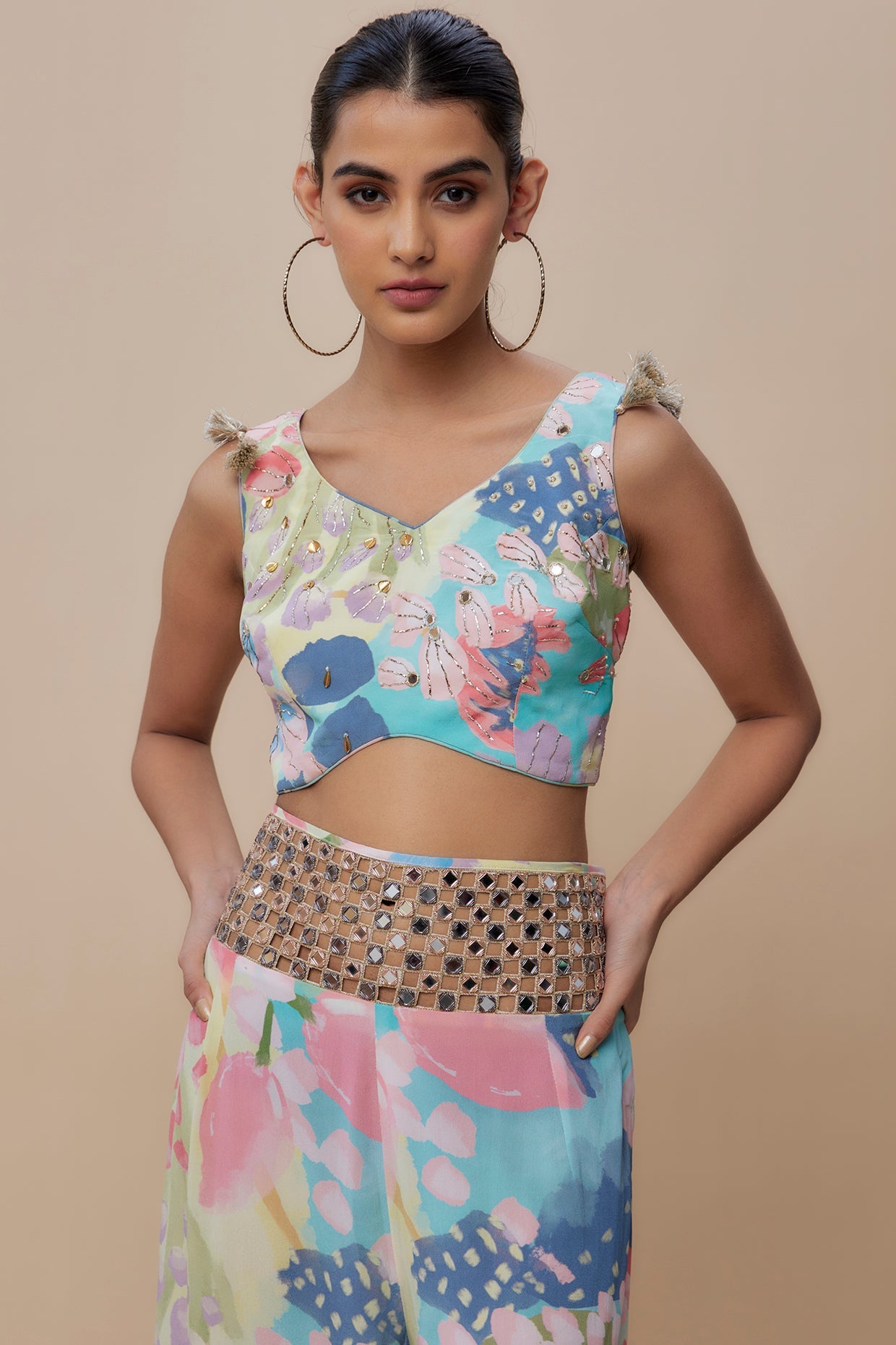 Euphoria Print Lifted Choli And Embroidered Belt Palazzo