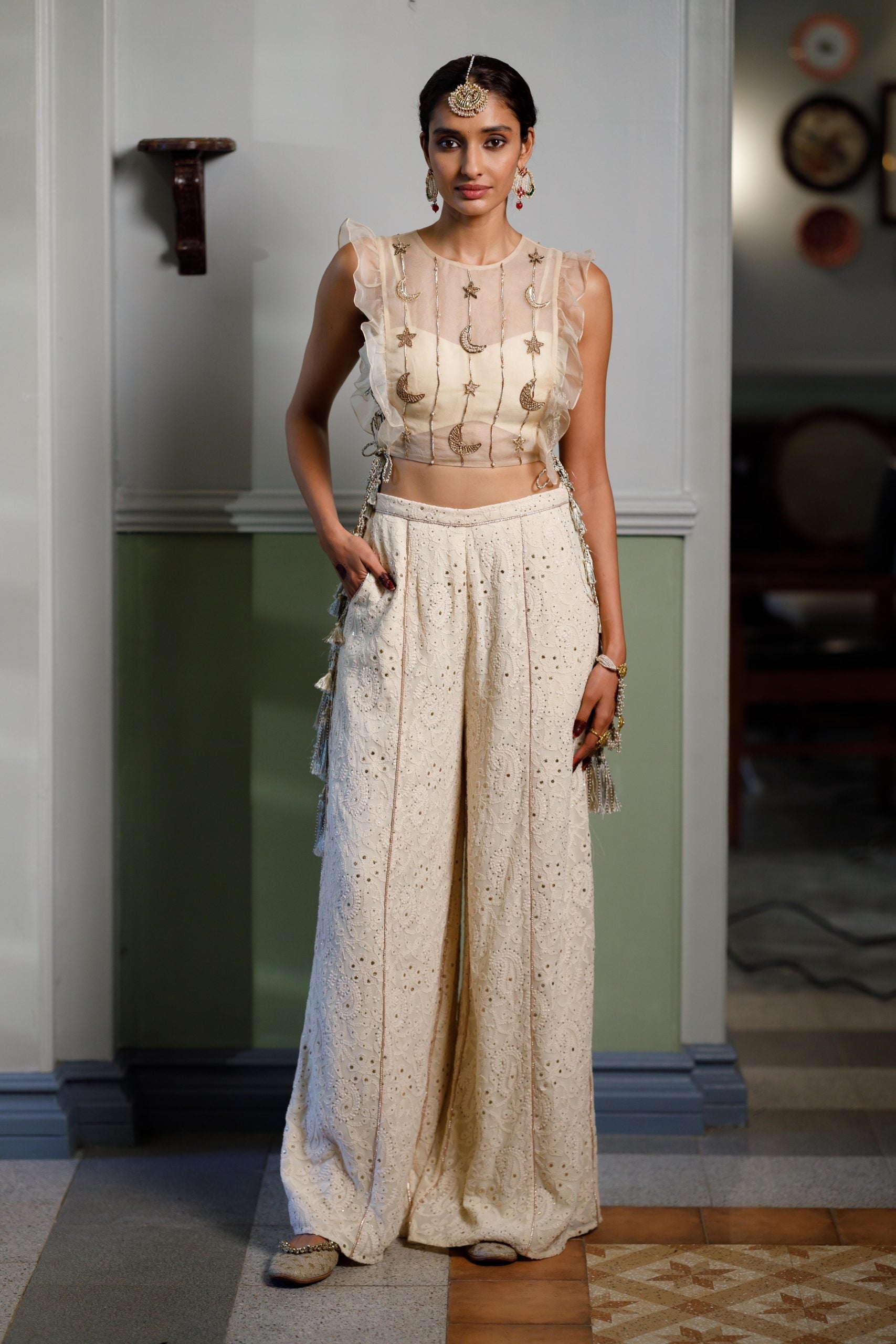 Stone Embroidered Bib With Ruffle And Side Tie-Up Bustier With Pant