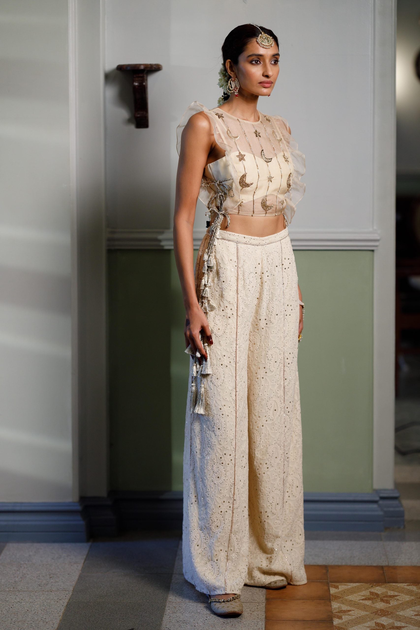 Stone Embroidered Bib With Ruffle And Side Tie-Up Bustier With Pant