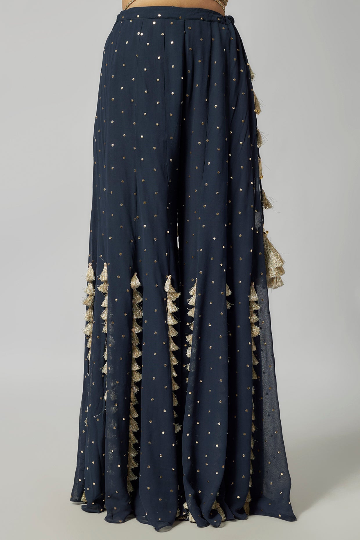 Navy Embroidered Back Tie-Up Choli With Sharara And Dupatta