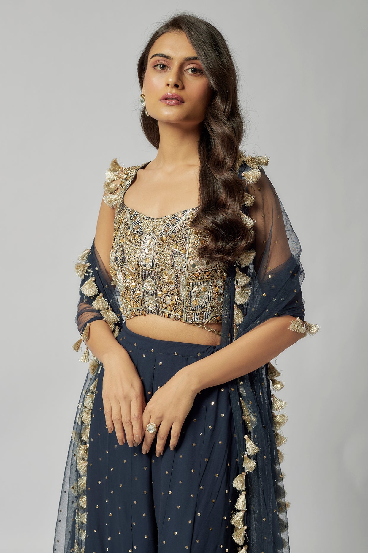 Navy Embroidered Back Tie-Up Choli With Sharara And Dupatta