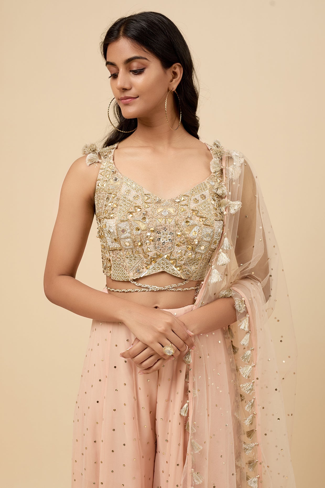 Blush Pink Embroidered Back Tie-Up Choli And Sharara With Dupatta