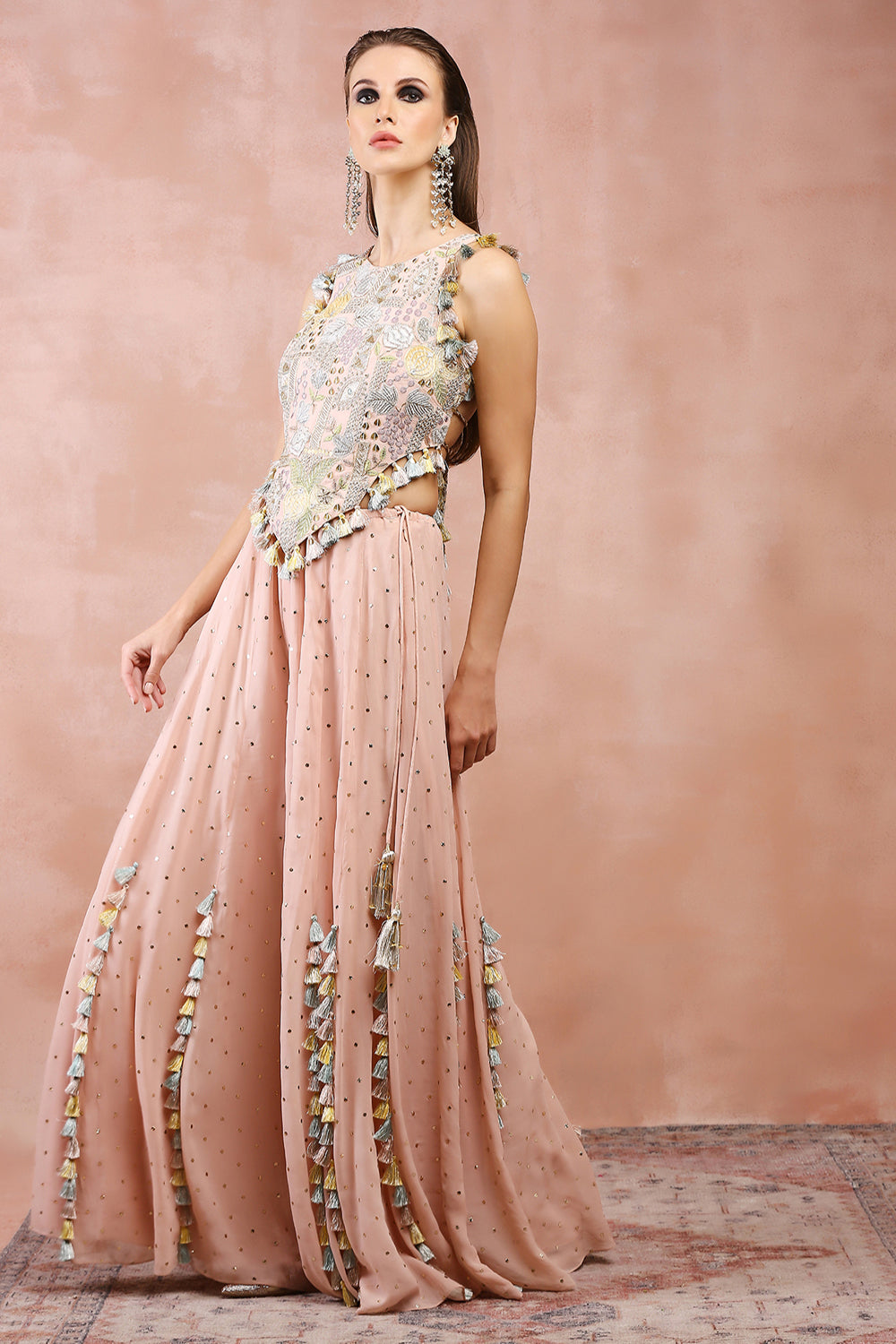 Rose Pink Applique Embroidered Choli With Sharara