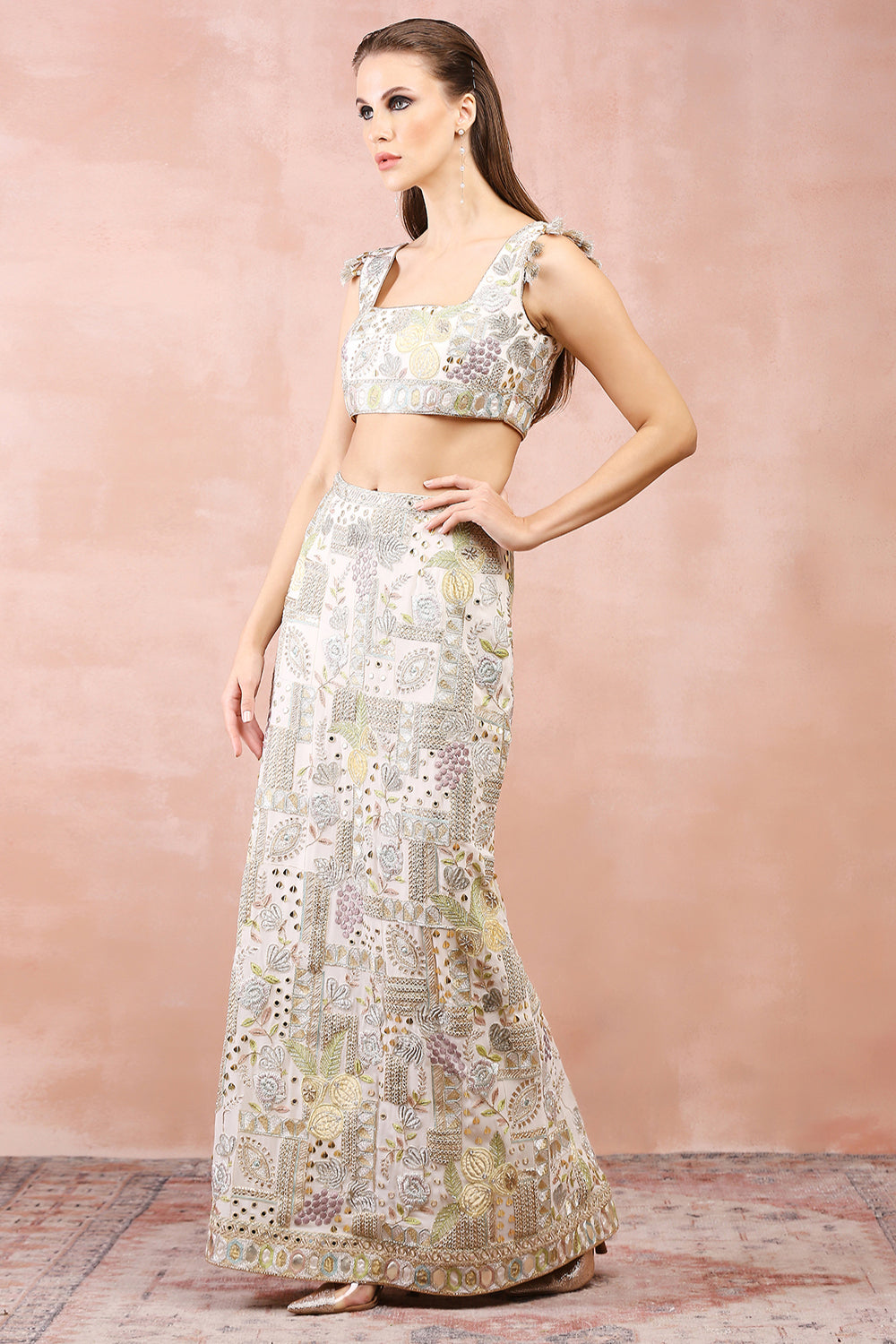 Off White Applique Embroidered Choli And Skirt