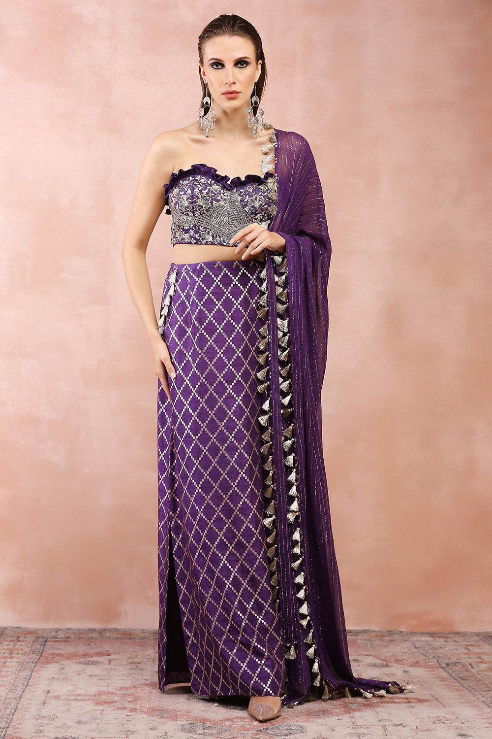 Purple Embroidered Corset Bustier With Skirt And Dupatta