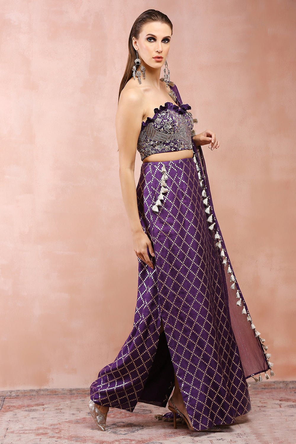 Purple Embroidered Corset Bustier With Skirt And Dupatta