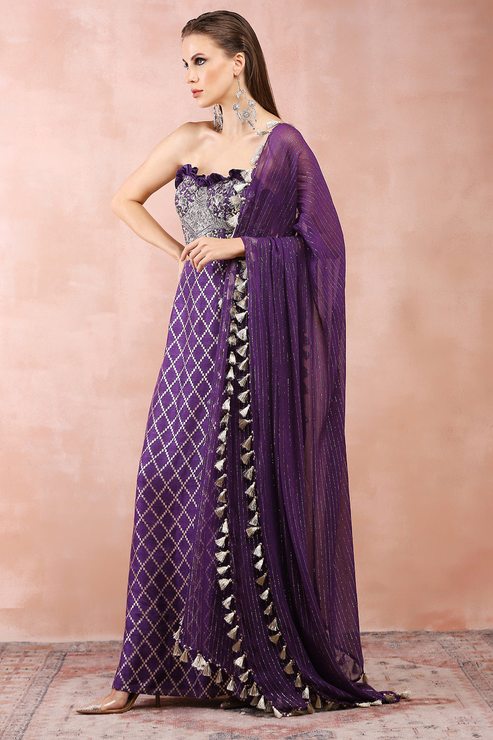 Purple Embroidered Corset Bustier With Skirt And Dupatta