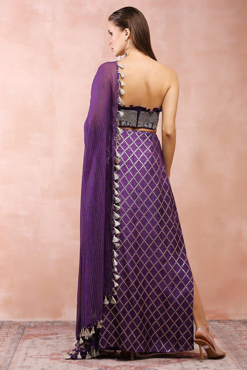 Purple Embroidered Corset Bustier With Skirt And Dupatta