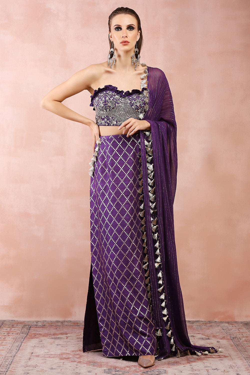 Purple Embroidered Corset Bustier With Skirt And Dupatta