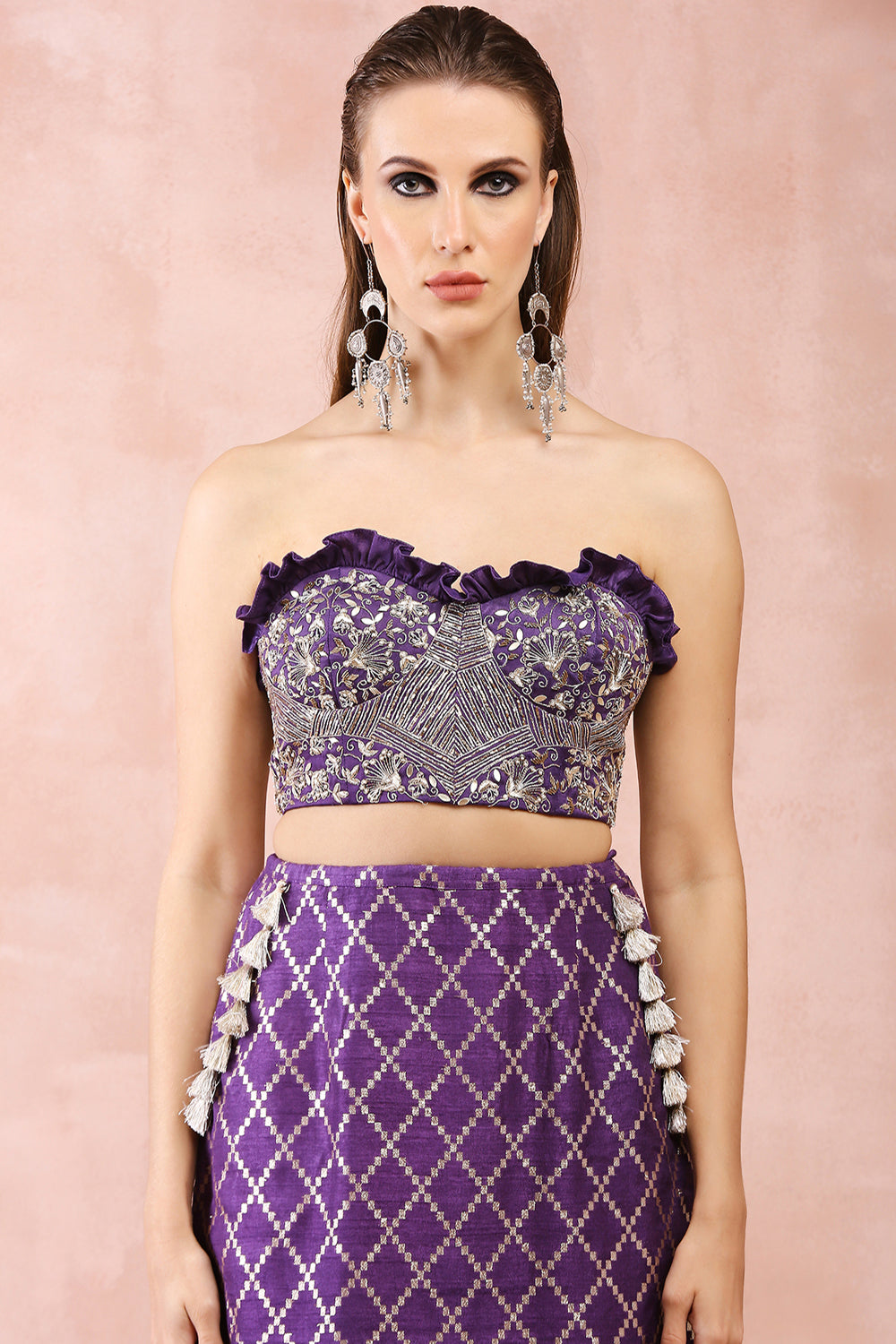 Purple Embroidered Corset Bustier With Skirt And Dupatta