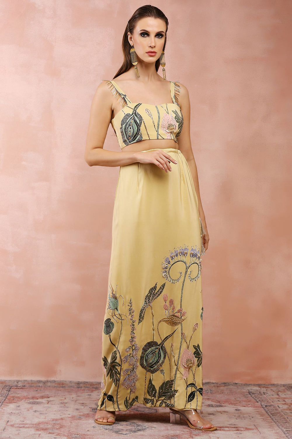 Yellow Niloufar Print Embroidered Choli With Skirt