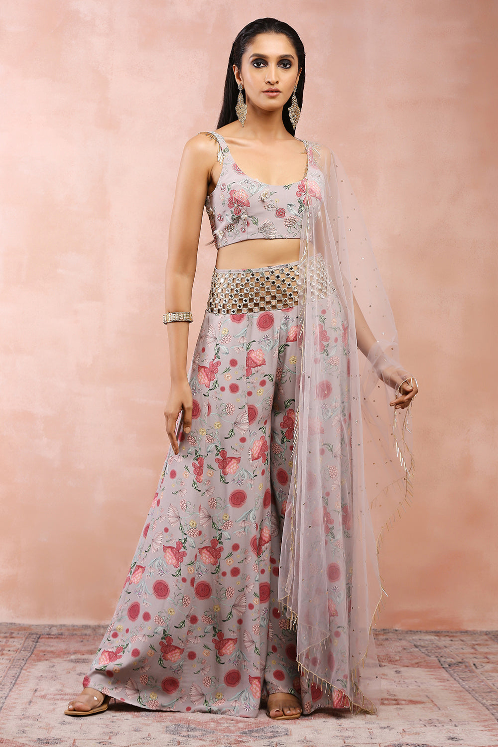 Grey Gulbagh Print Embroidered Choli With Sharara And Dupatta