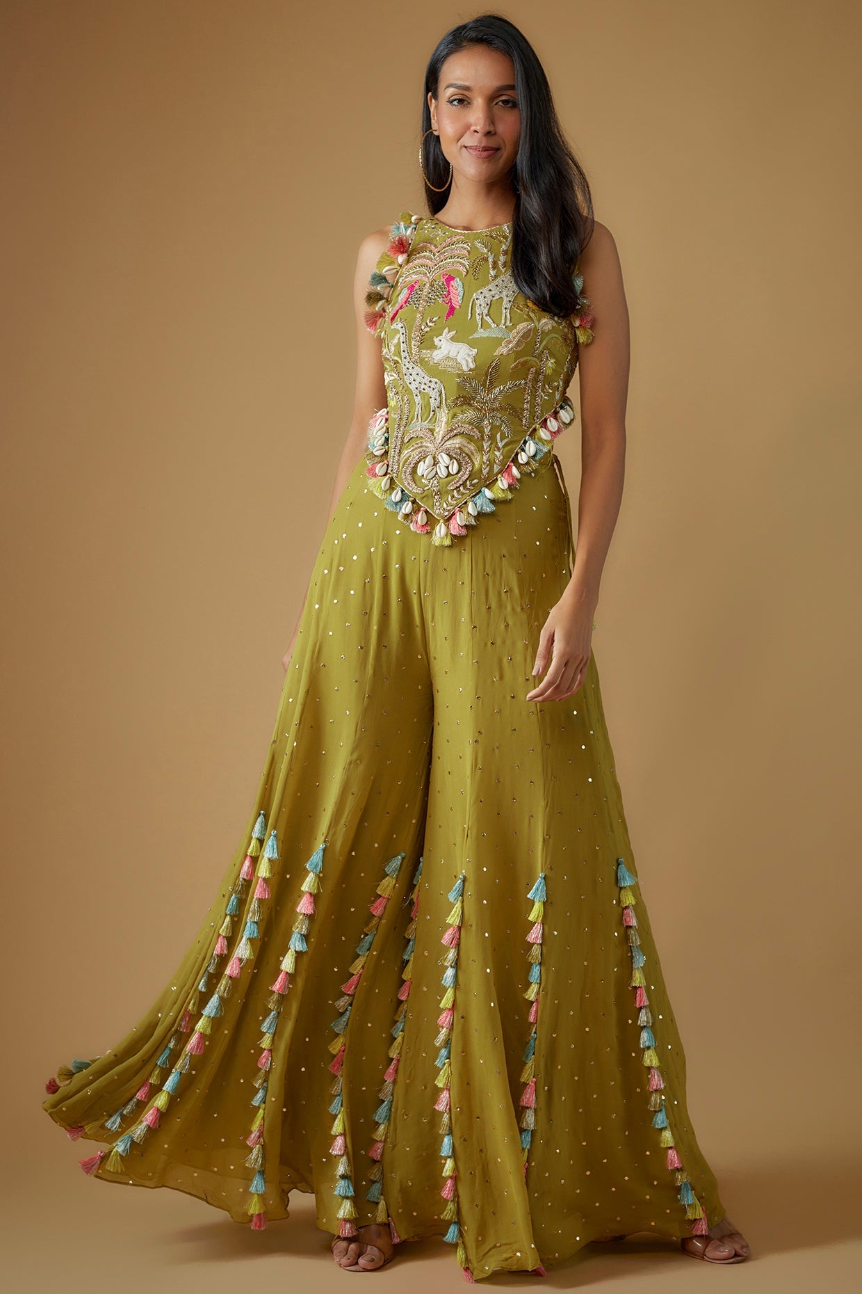 Olive Green Embroidered Back Tie-Up Choli With Sharara