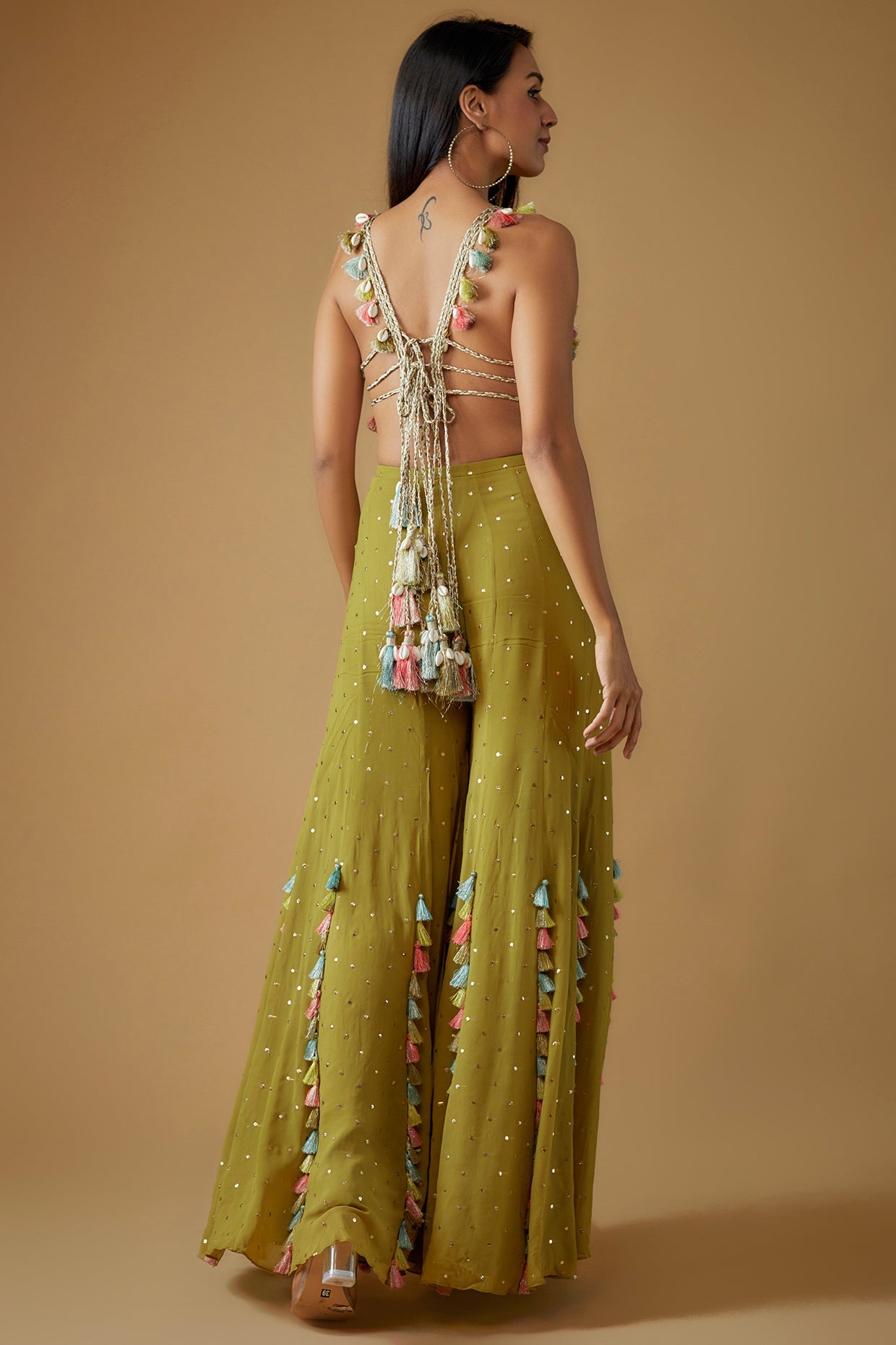 Olive Green Embroidered Back Tie-Up Choli With Sharara