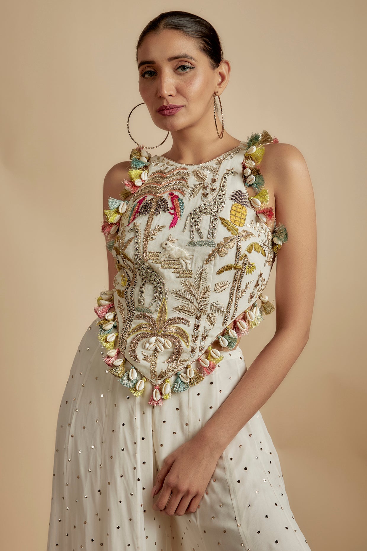 Ivory Embroidered Back Tie-Up Choli With Sharara