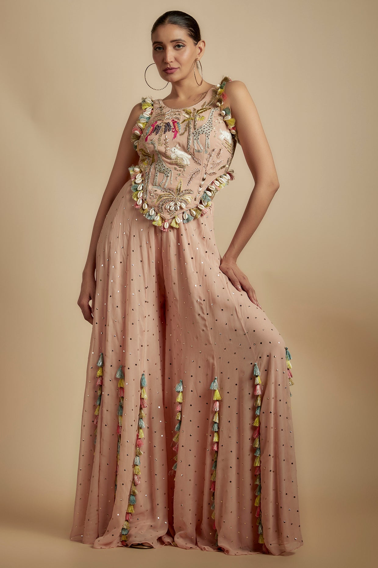 Rose Pink Embroidered Back Tie-Up Choli With Sharara