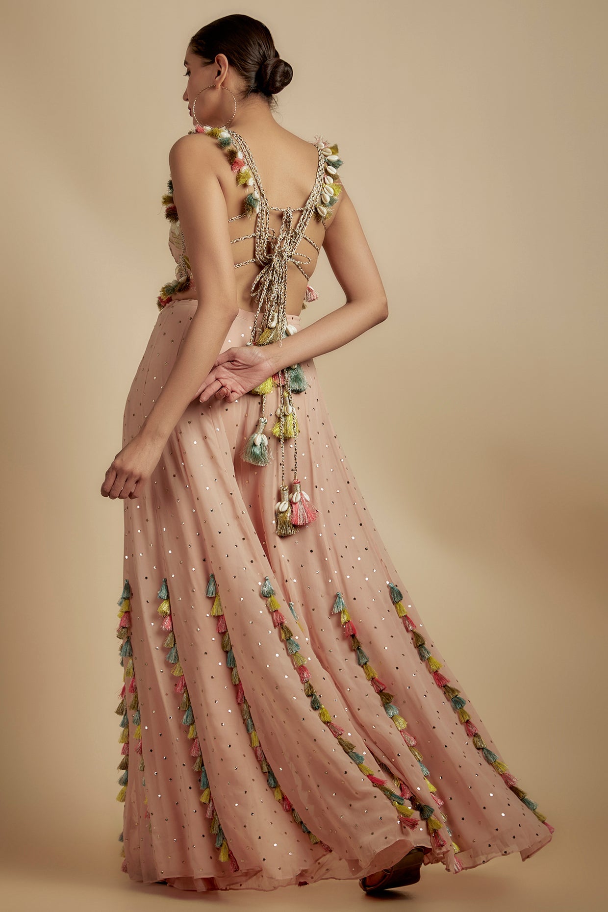 Rose Pink Embroidered Back Tie-Up Choli With Sharara