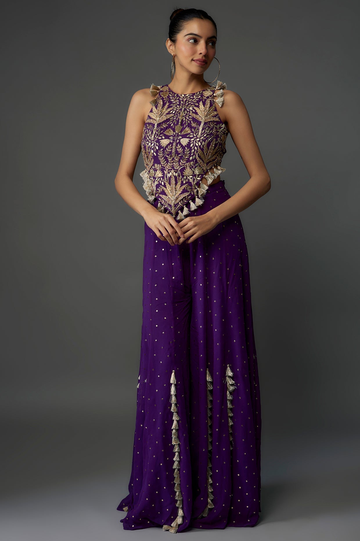 Purple Embroidered Back Tie-Up Choli With Sharara