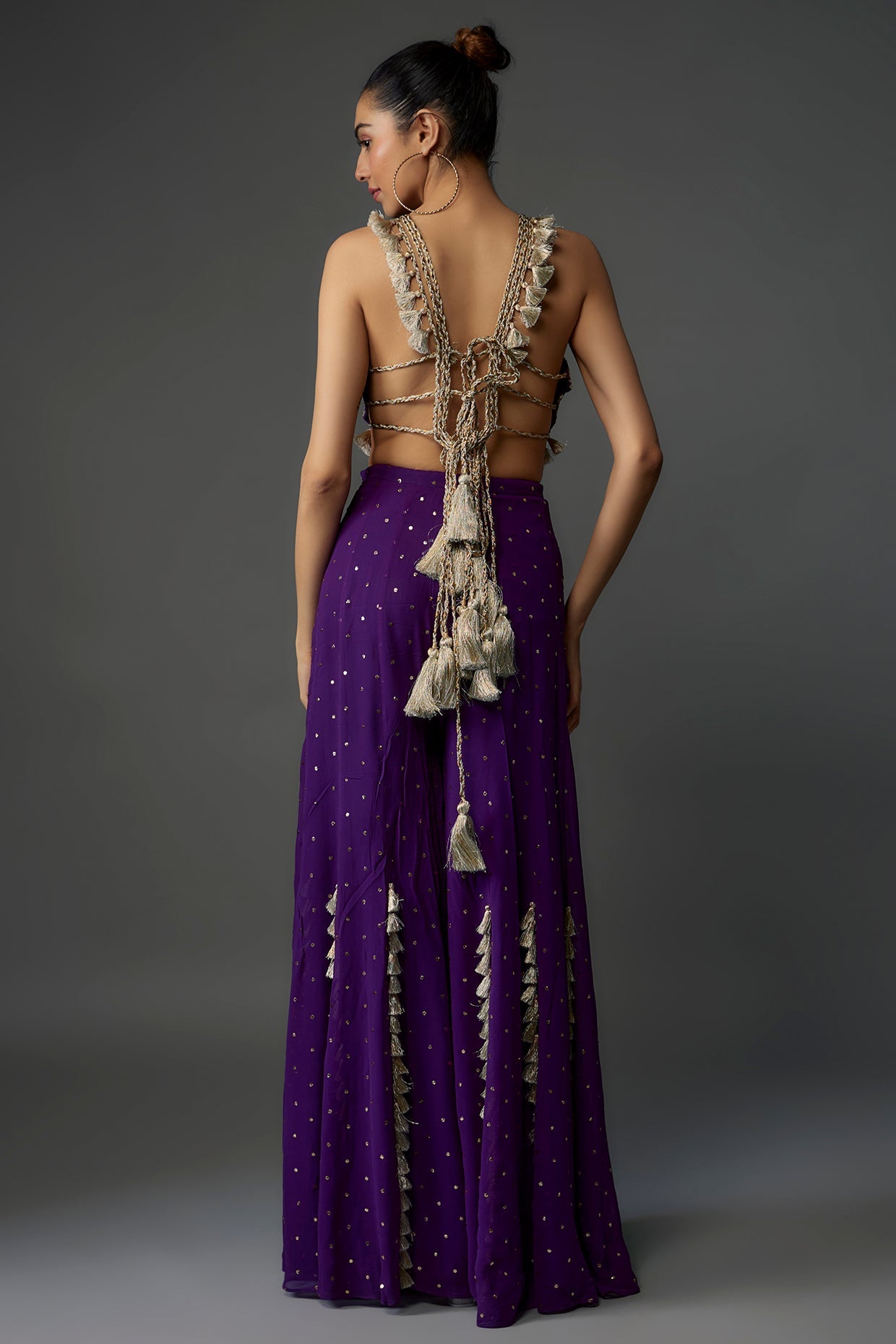 Purple Embroidered Back Tie-Up Choli With Sharara