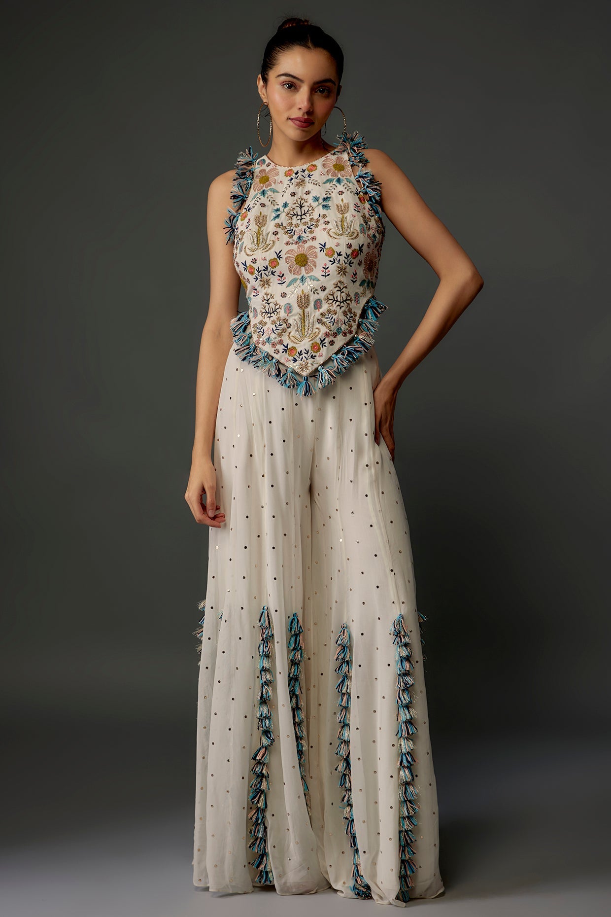 Off-White Embroidered Back Tie-Up Choli With Sharara