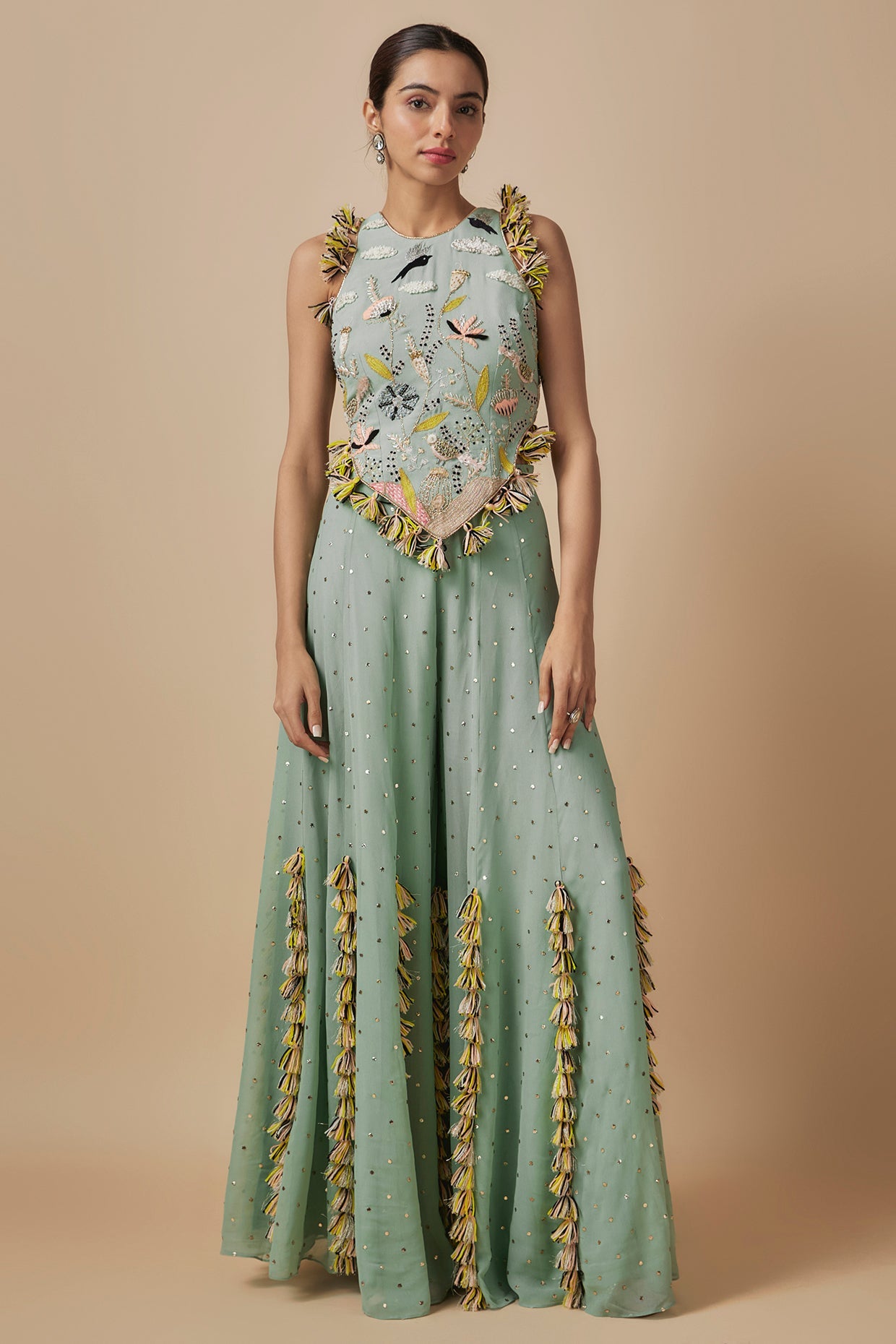 Powder Blue Embroidered Back Tie-Up Choli With Sharara