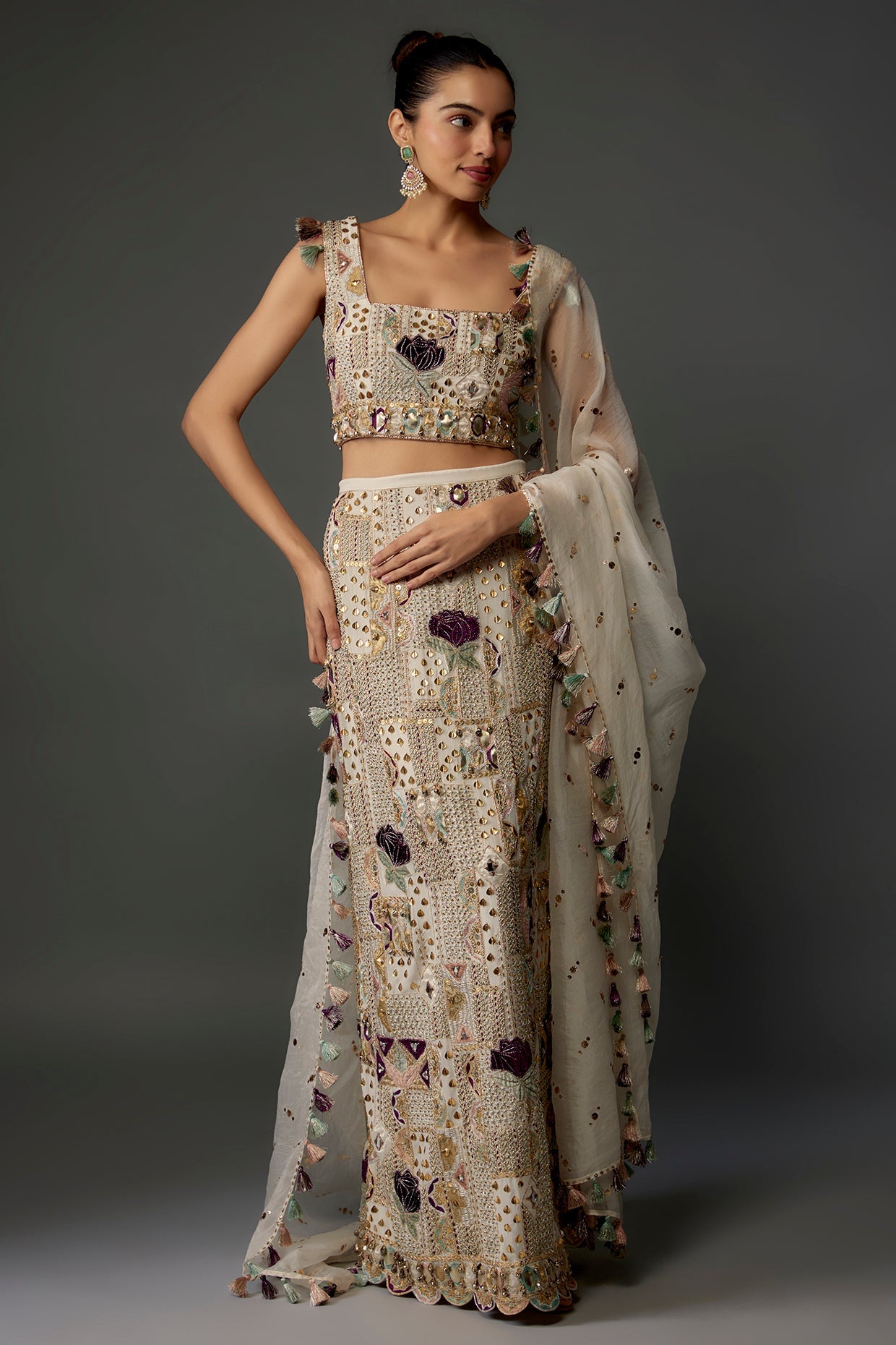 Off-White Embroidered Choli And Skirt With Dupatta